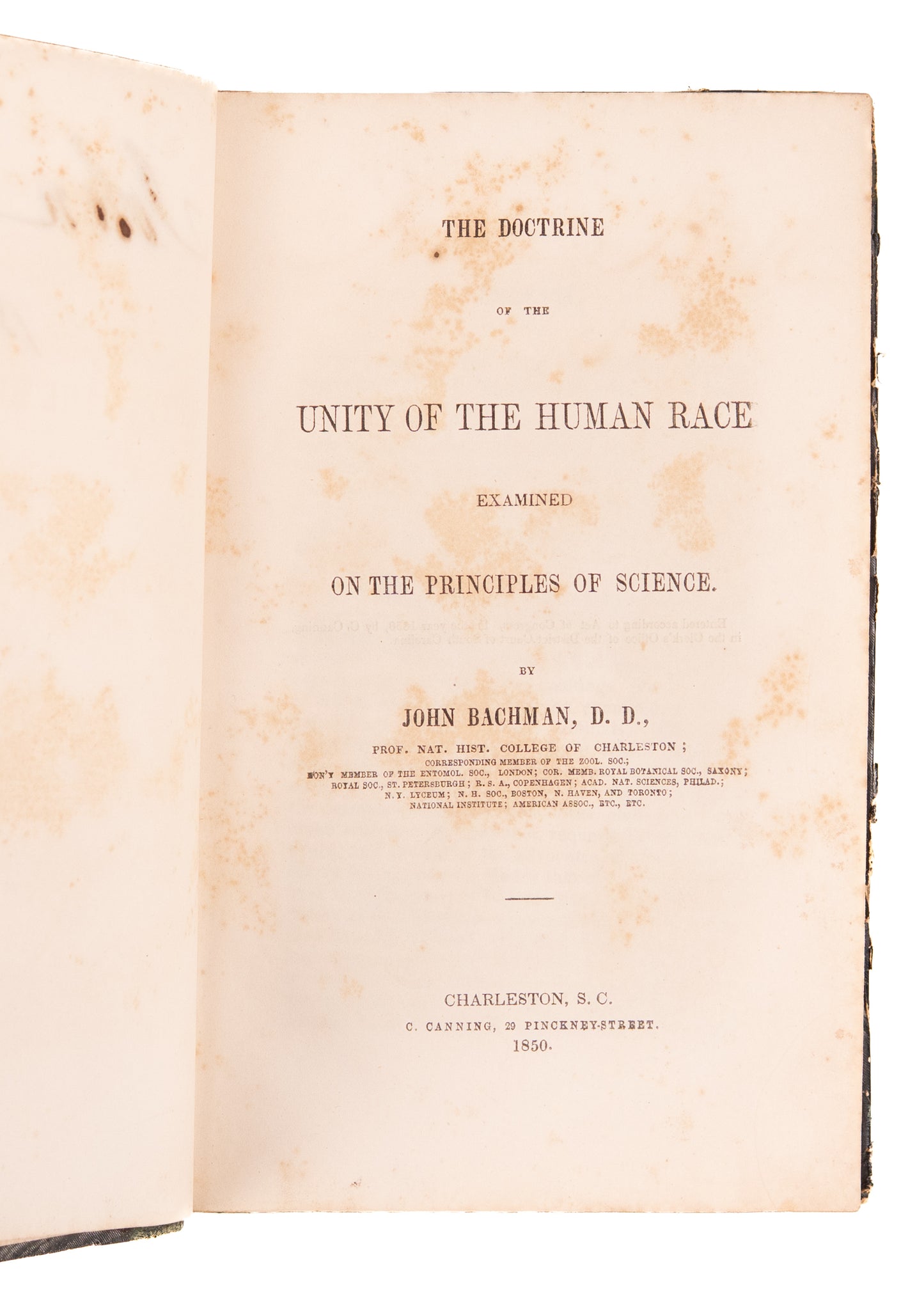 1850 SOUTHERN RACIAL SCIENCE. Lone South Carolina Naturalist Argues for Shared Humanity of Africans.