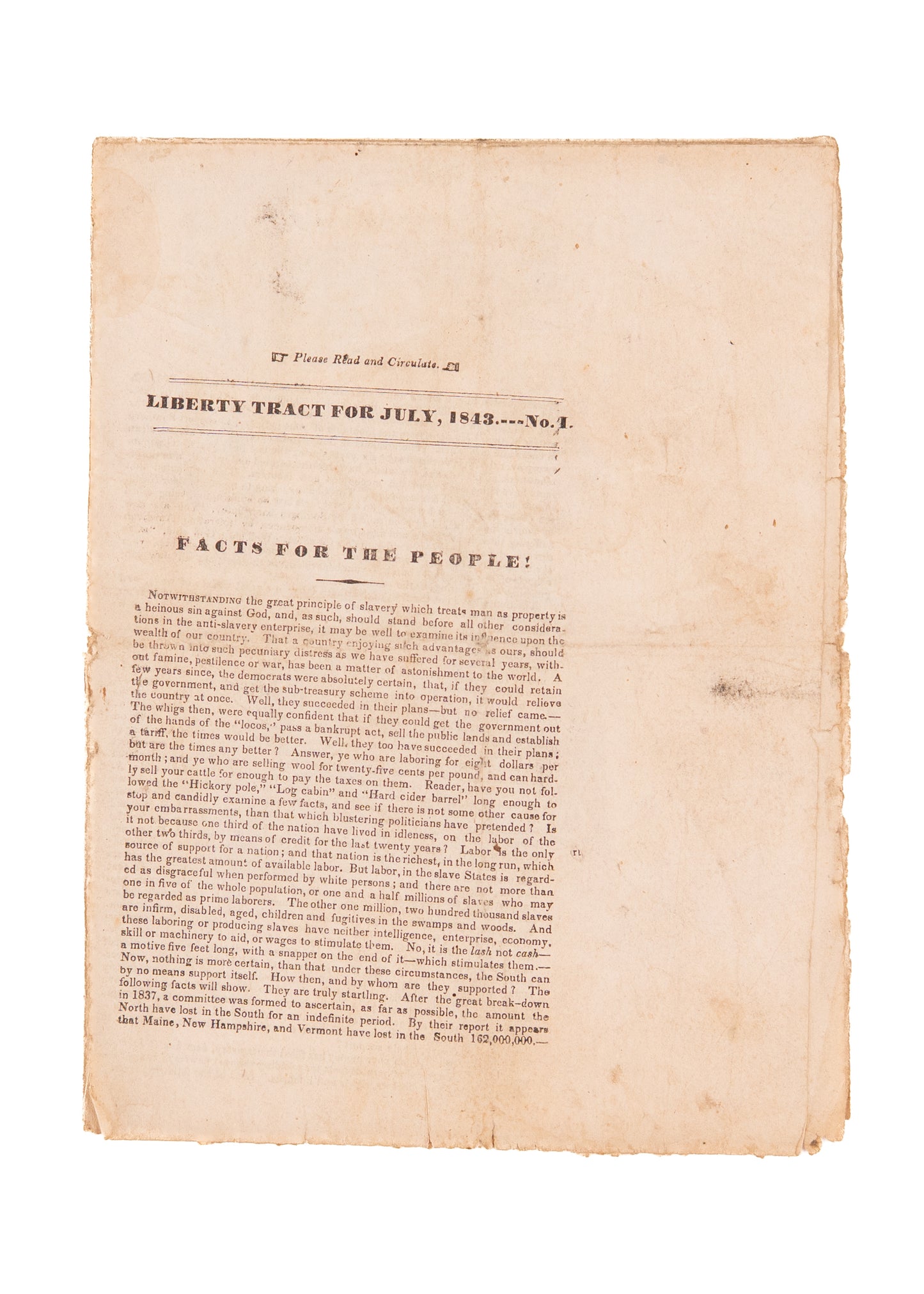 1843 ANTI-SLAVERY. Important First Tract of Liberty Party - Economic, Moral, and Legal Grounds of Abolition.