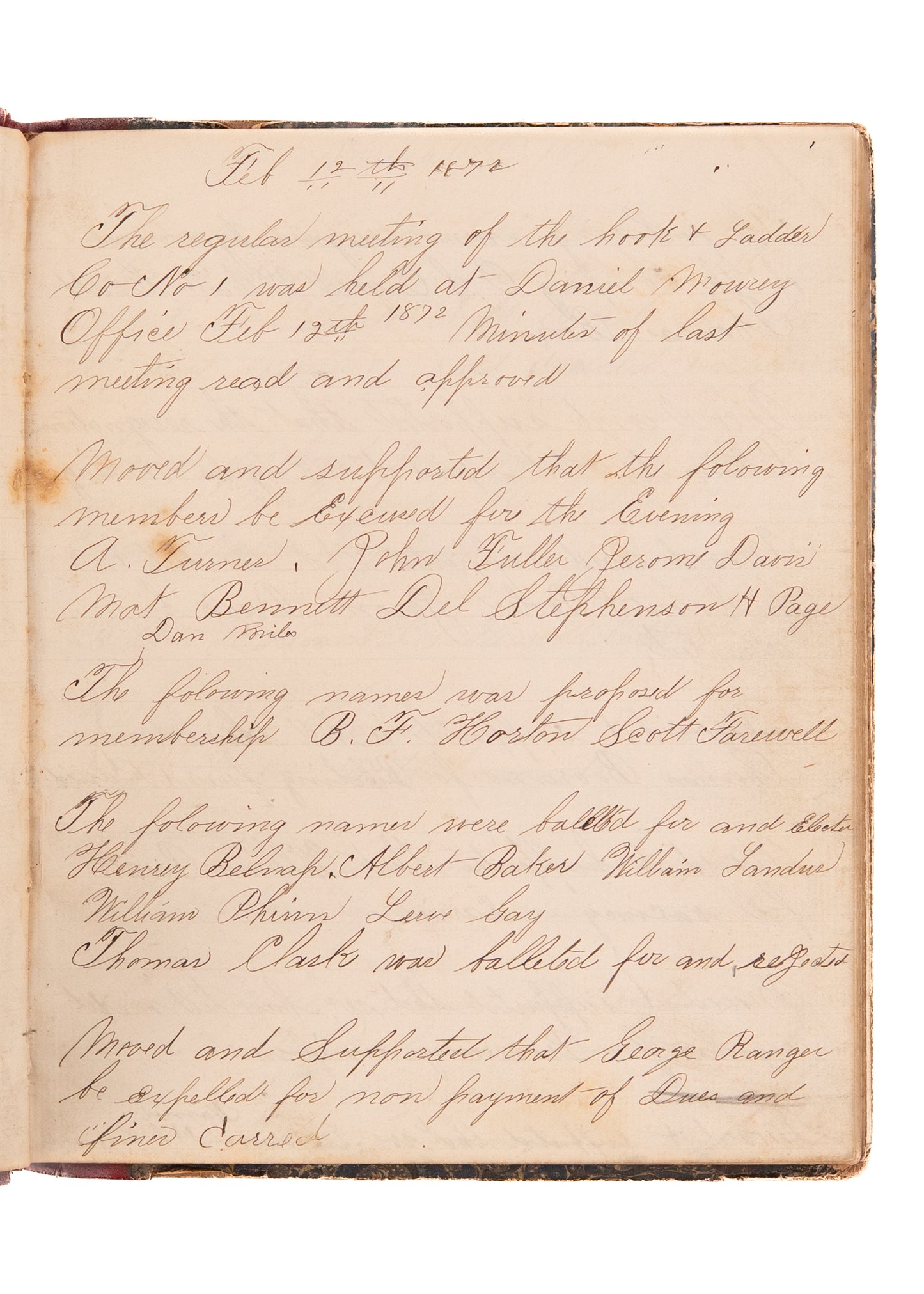 1871-78 HOOK & LADDER COMPANY. Rare Rural Michigan Records of Early Firemen, Fire Fights, Equipment, &c.