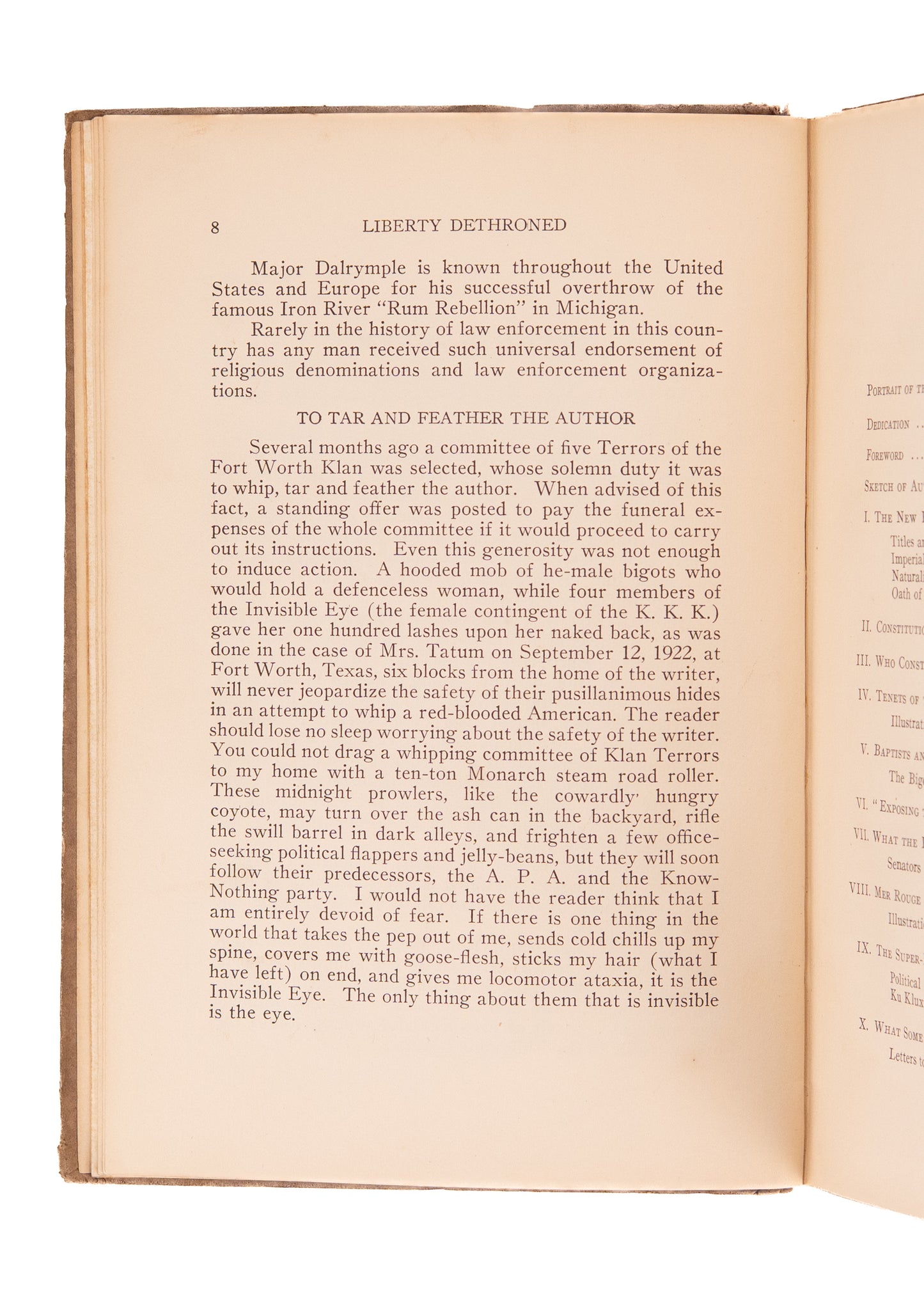 1923 KU KLUX KLAN. Liberty Dethroned. An Indictment of the Ku Klux Klan, its Mob Violence and Publications.