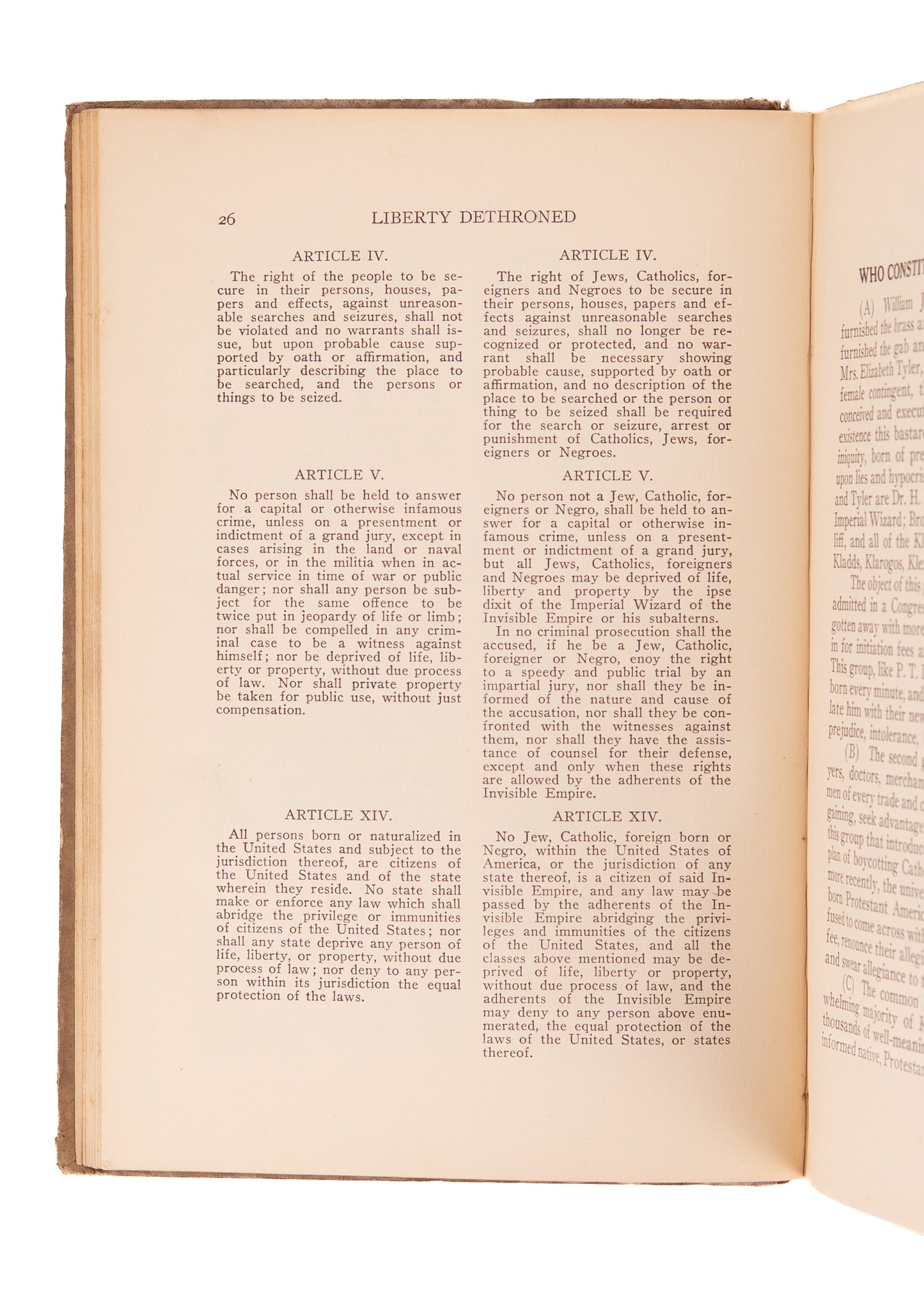 1923 KU KLUX KLAN. Liberty Dethroned. An Indictment of the Ku Klux Klan, its Mob Violence and Publications.