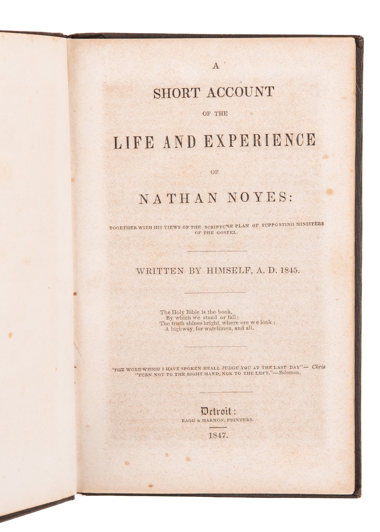 1847 NATHAN NOYES. Life and Experience of Nathan Noyes. Baptist Pioneer in Detroit - Slavery &c.