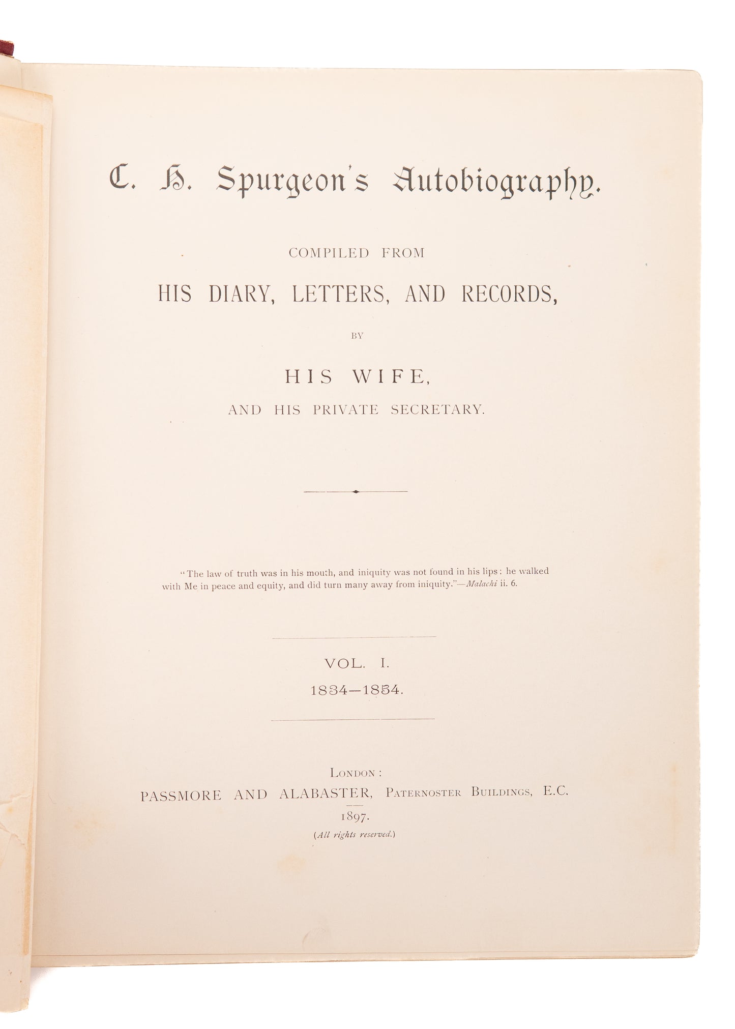 1897 MRS. C. H. SPURGEON. C. H. Spurgeon's Autobiography. Four Large Folios. First Edition.