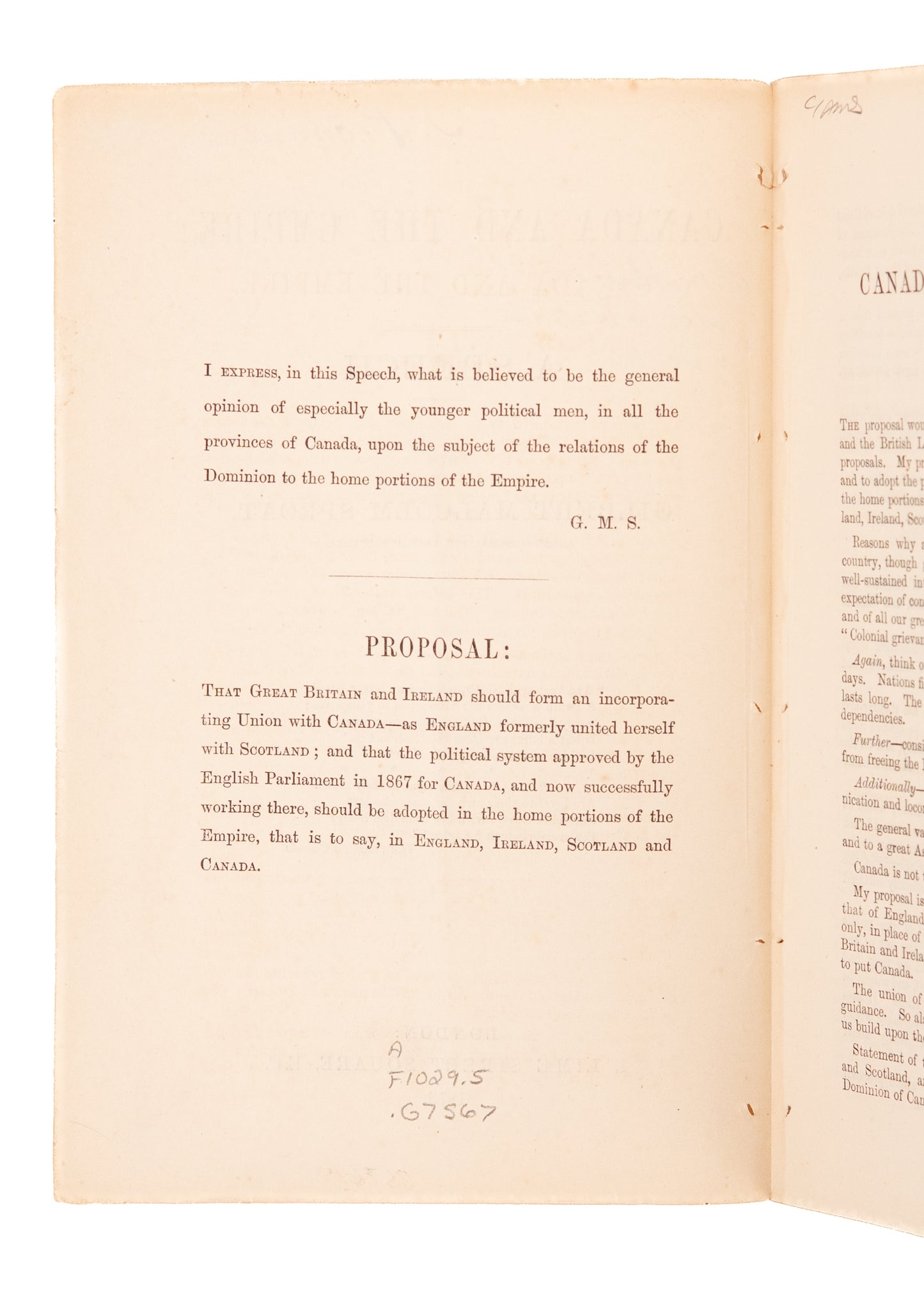 1873 GILBERT MALCOLM SPROAT. Canada Always Suspect of Absorption into United States.
