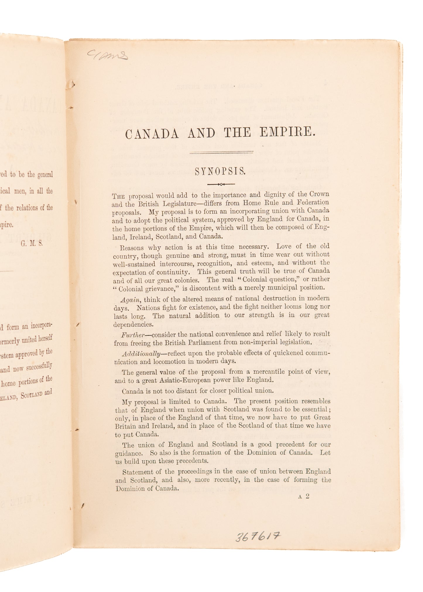 1873 GILBERT MALCOLM SPROAT. Canada Always Suspect of Absorption into United States.