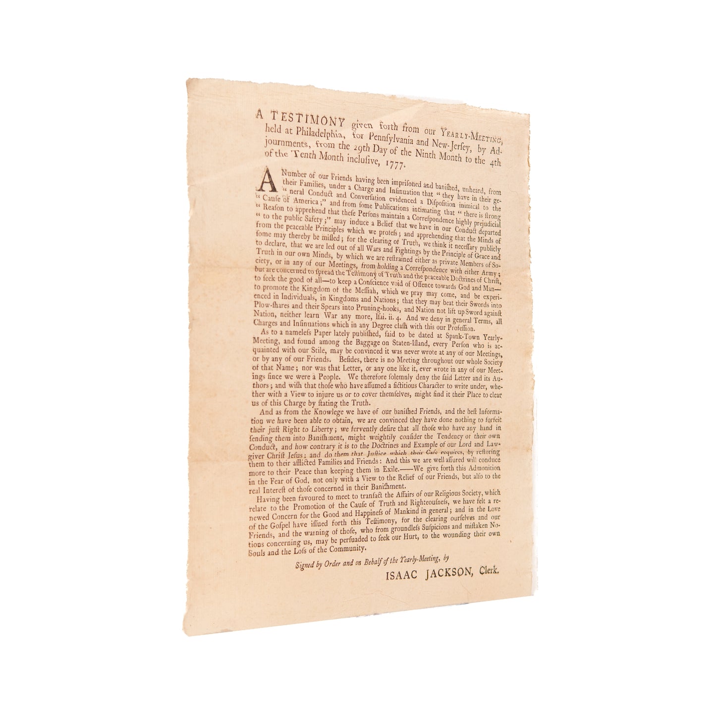 1777 REVOLUTIONARY WAR. Broadside Petitioning the Release of Quakers Banished for Non-Resistance.