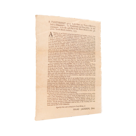 1777 REVOLUTIONARY WAR. Broadside Petitioning the Release of Quakers Banished for Non-Resistance.