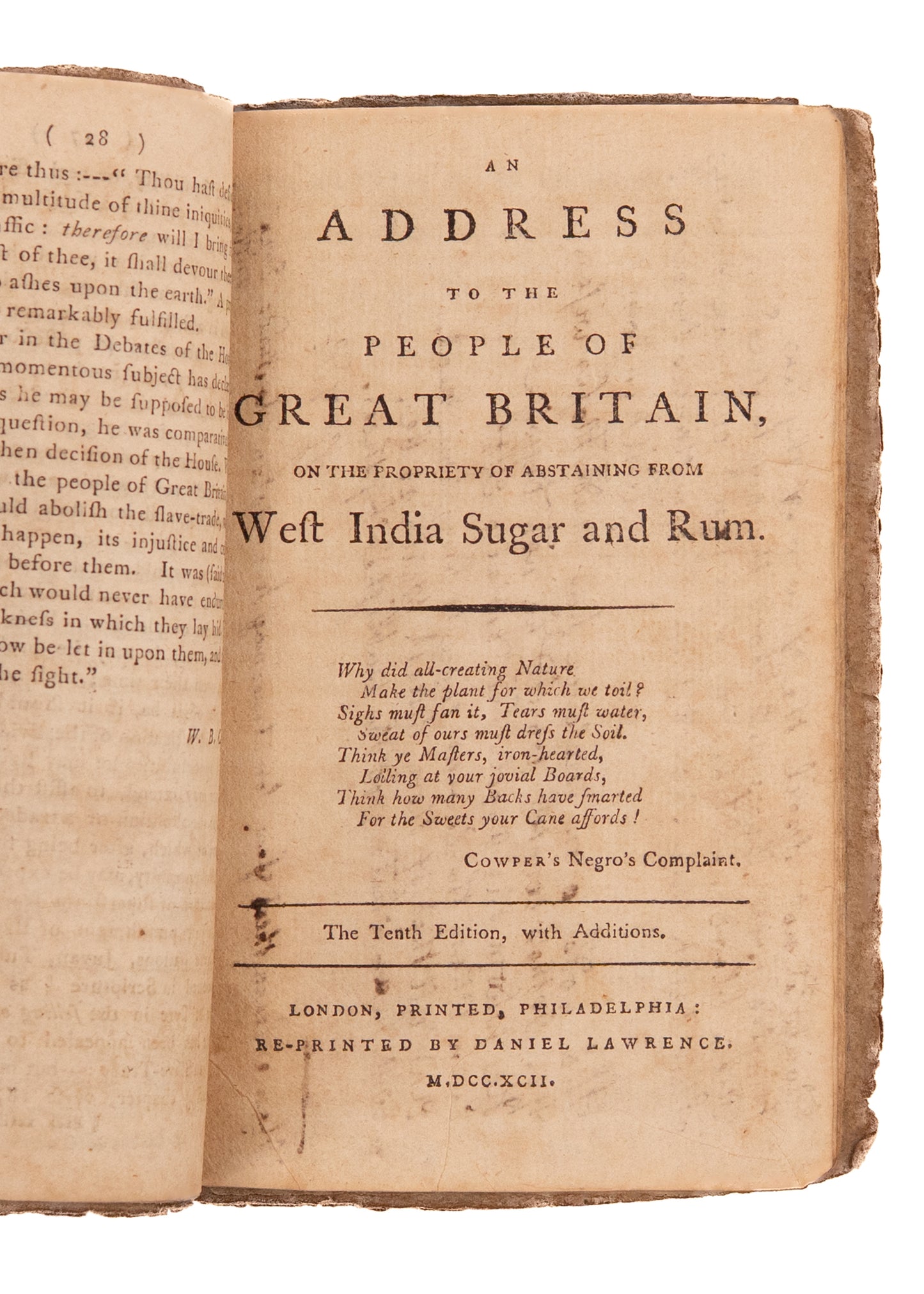 1792 EVIDENCES FOR ABOLITION. Scarce Early American Abolitionist + Boycott of Sugar & Rum.