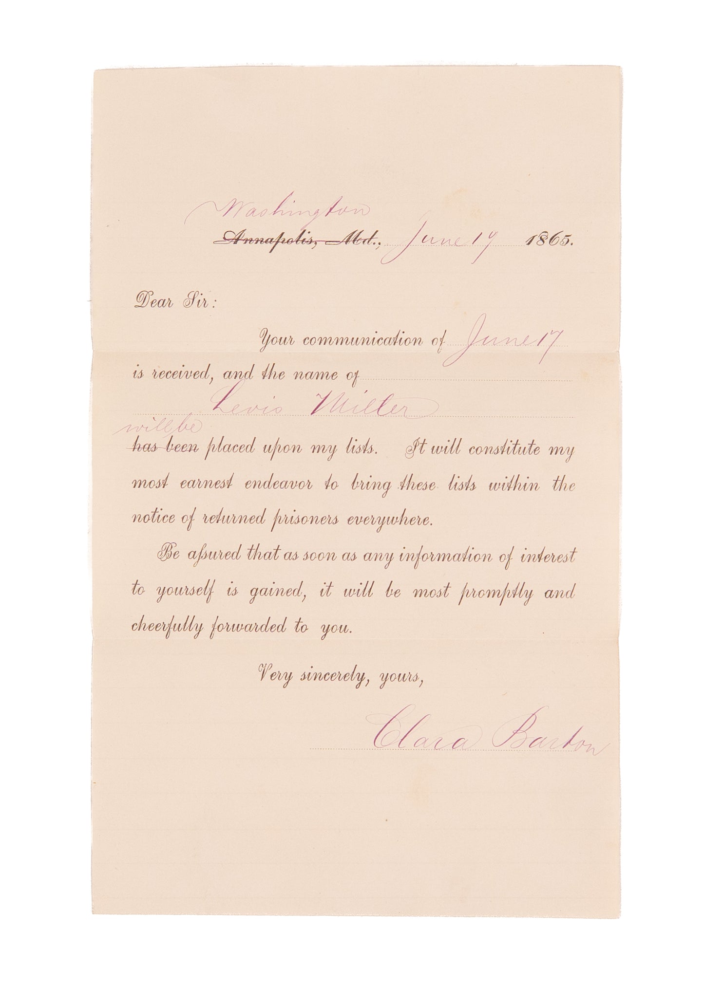 1865 CLARA BARTON. Superb Autograph Letter as Head of Office of Missing Soldiers of the Union Army.