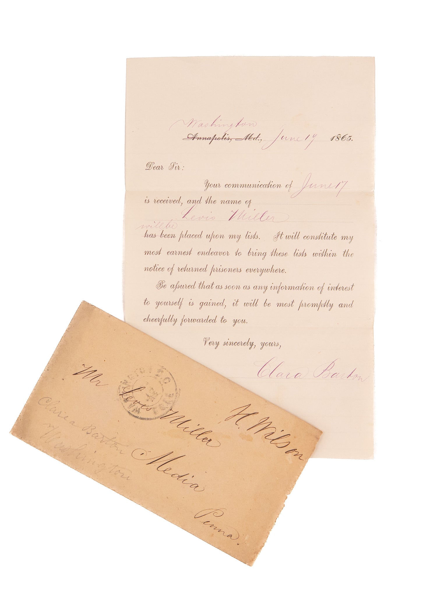 1865 CLARA BARTON. Superb Autograph Letter as Head of Office of Missing Soldiers of the Union Army.