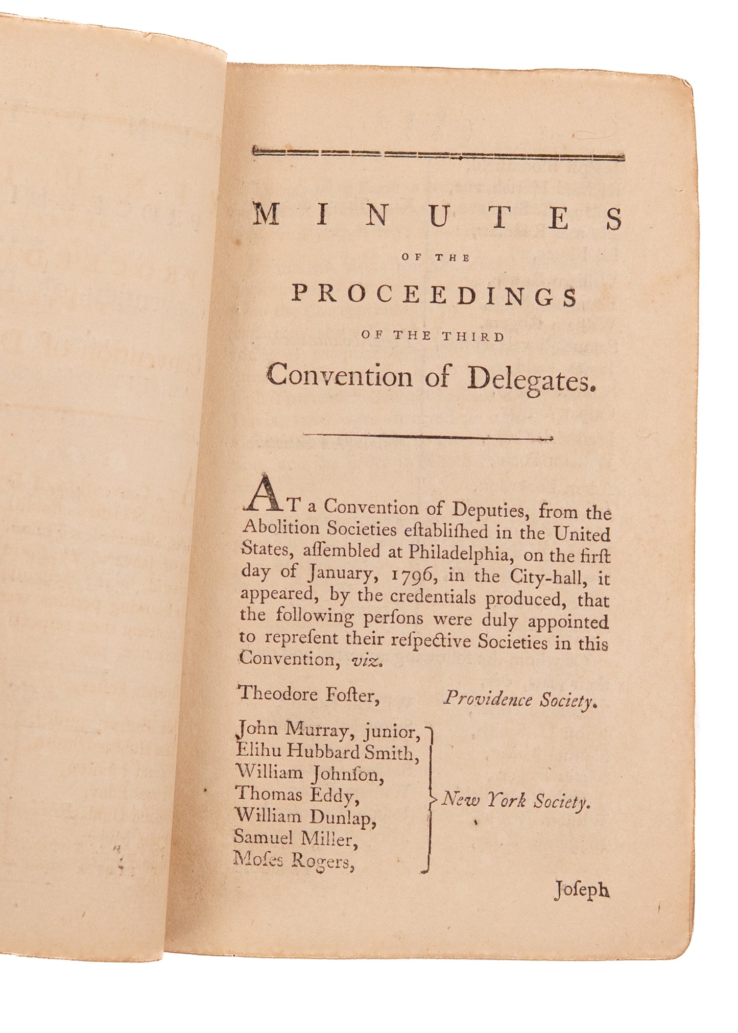 1796 FIRST ABOLITIONIST SOCIETY IN AMERICA. Minutes of the Third Convention of Abolition Societies in Philadelphia.