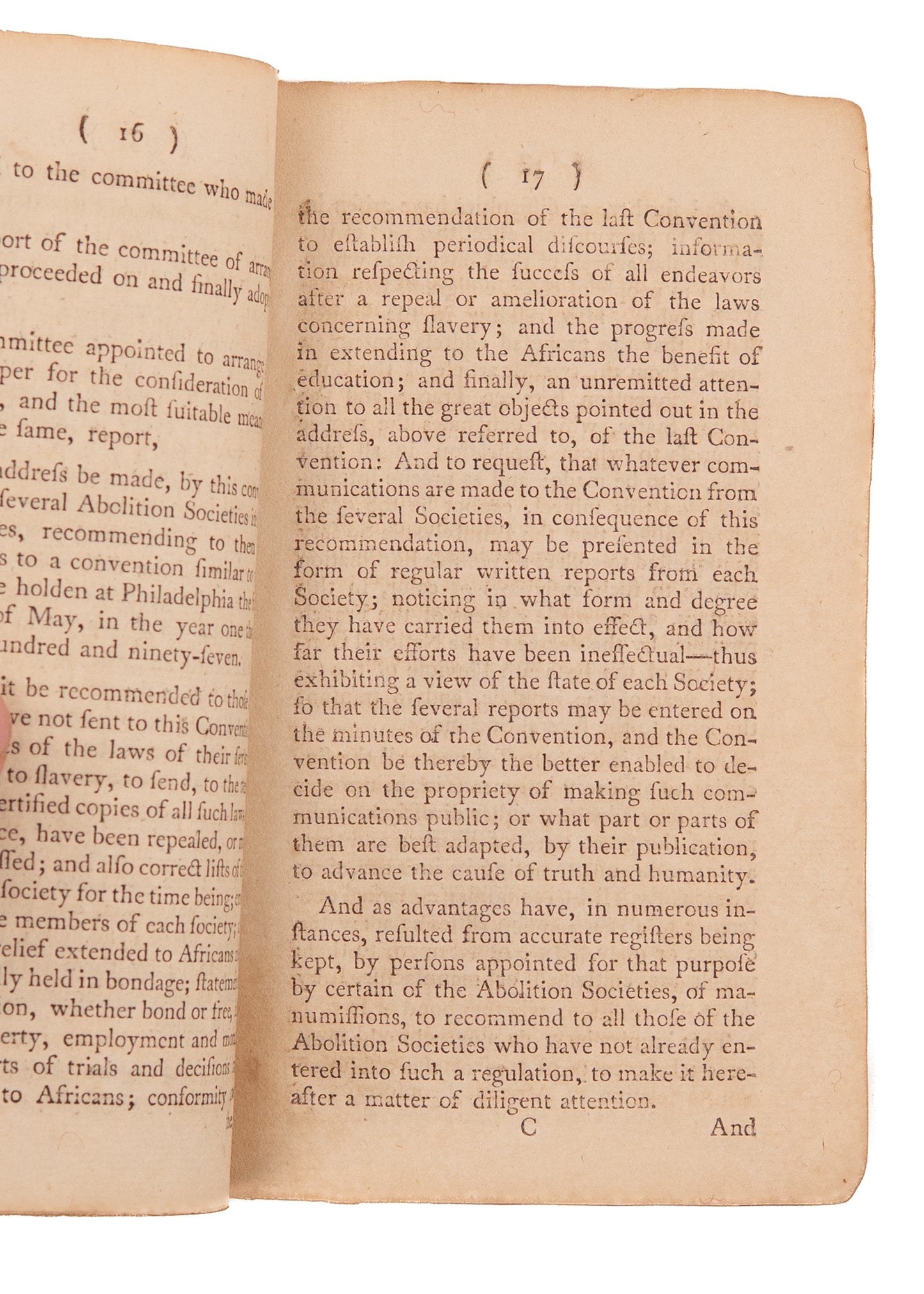 1796 FIRST ABOLITIONIST SOCIETY IN AMERICA. Minutes of the Third Convention of Abolition Societies in Philadelphia.
