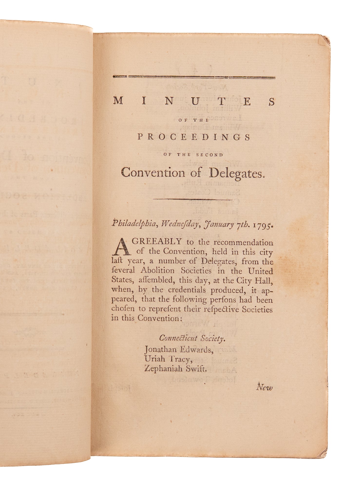 1795 FIRST ABOLITIONIST SOCIETY IN AMERICA. Minutes of the Second Convention of Abolition Societies in Philadelphia.