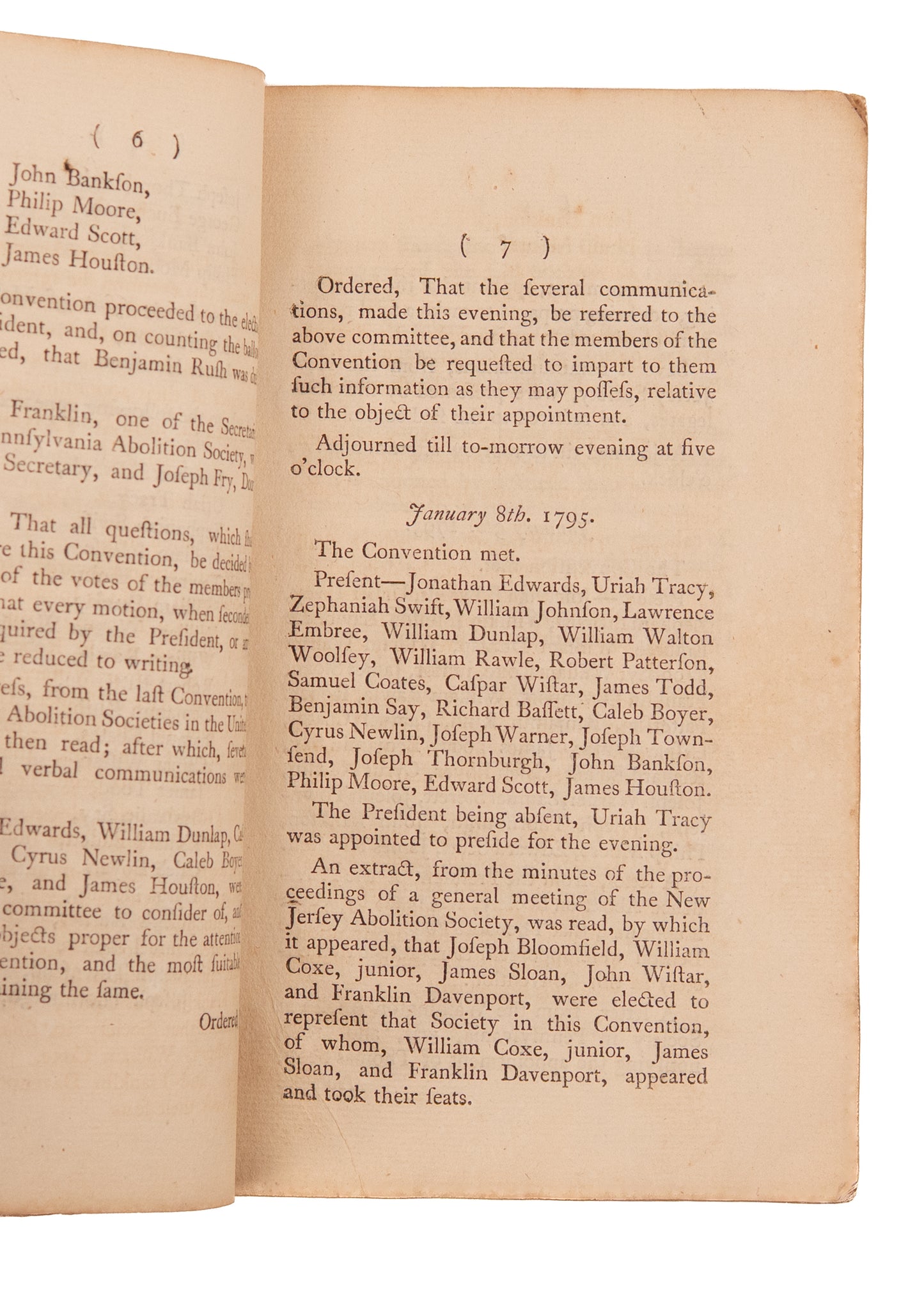 1795 FIRST ABOLITIONIST SOCIETY IN AMERICA. Minutes of the Second Convention of Abolition Societies in Philadelphia.
