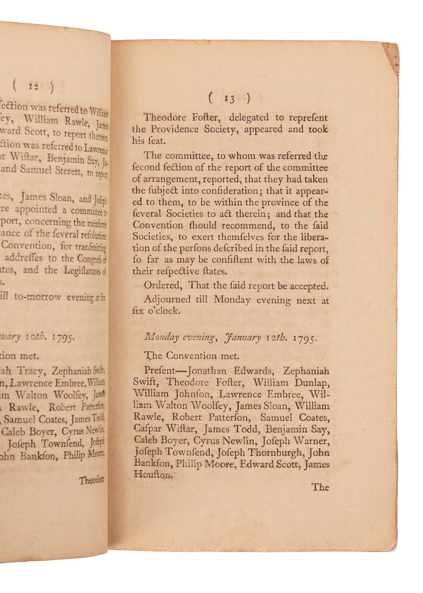 1795 FIRST ABOLITIONIST SOCIETY IN AMERICA. Minutes of the Second Convention of Abolition Societies in Philadelphia.
