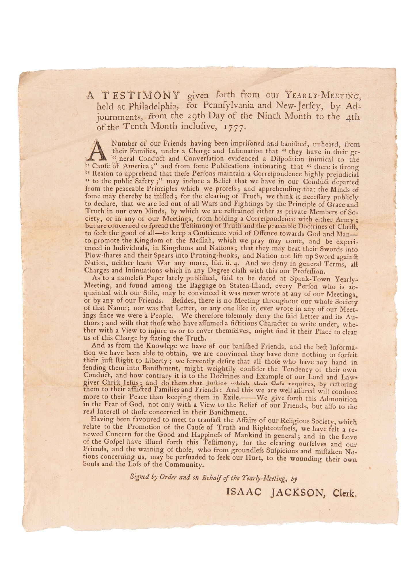 1777 REVOLUTIONARY WAR. Broadside Petitioning the Release of Quakers Banished for Non-Resistance.