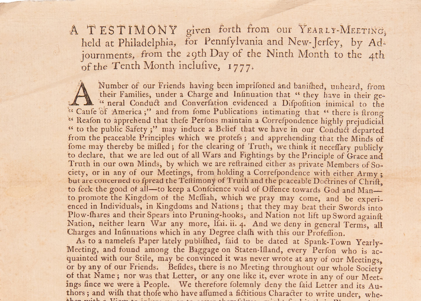 1777 REVOLUTIONARY WAR. Broadside Petitioning the Release of Quakers Banished for Non-Resistance.