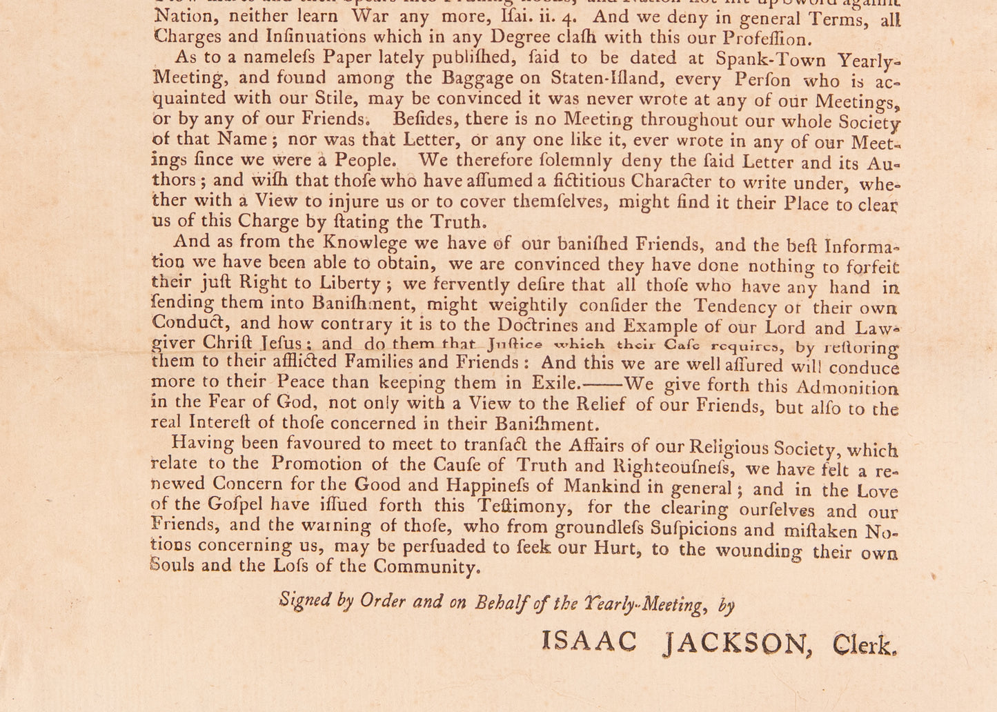 1777 REVOLUTIONARY WAR. Broadside Petitioning the Release of Quakers Banished for Non-Resistance.