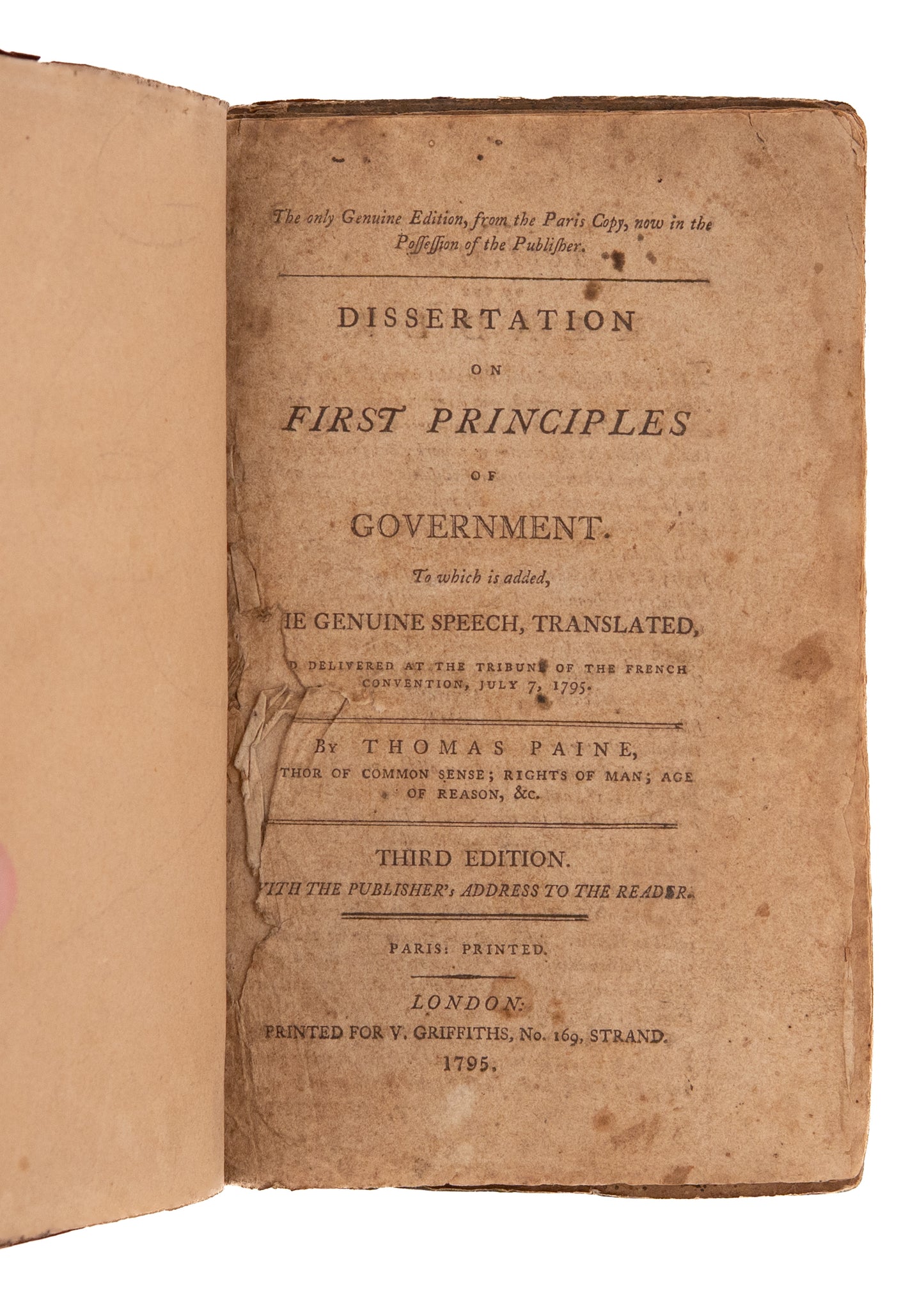 1795 THOMAS PAINE. Dissertation on the First Principles of Government + First Edition Speech. Rare.