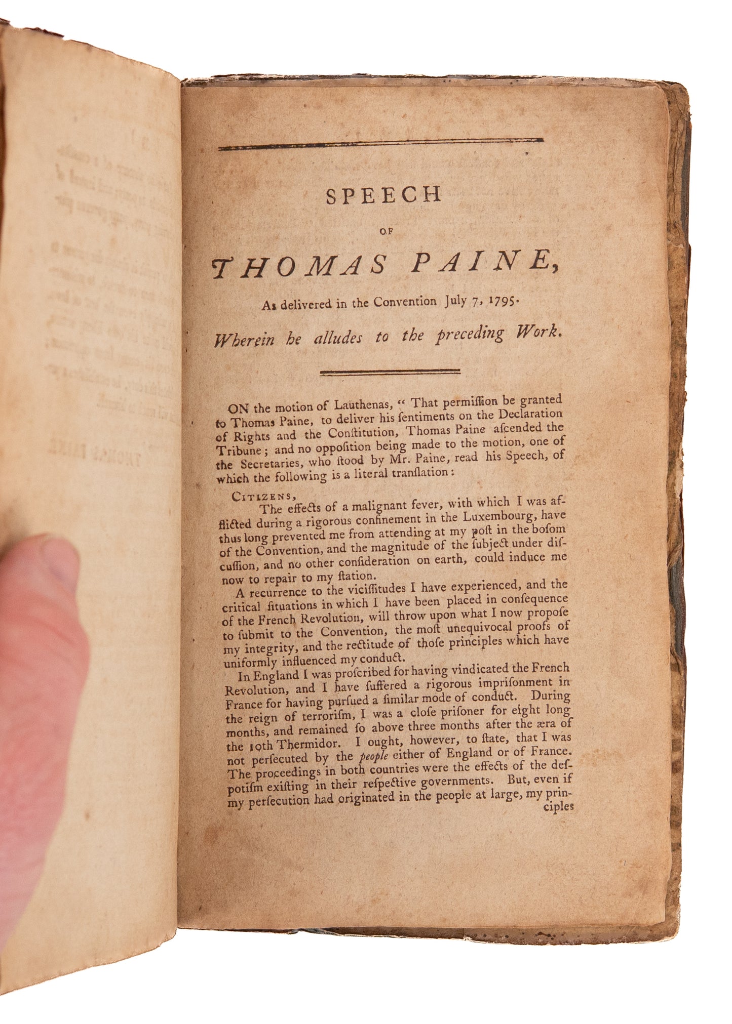 1795 THOMAS PAINE. Dissertation on the First Principles of Government + First Edition Speech. Rare.