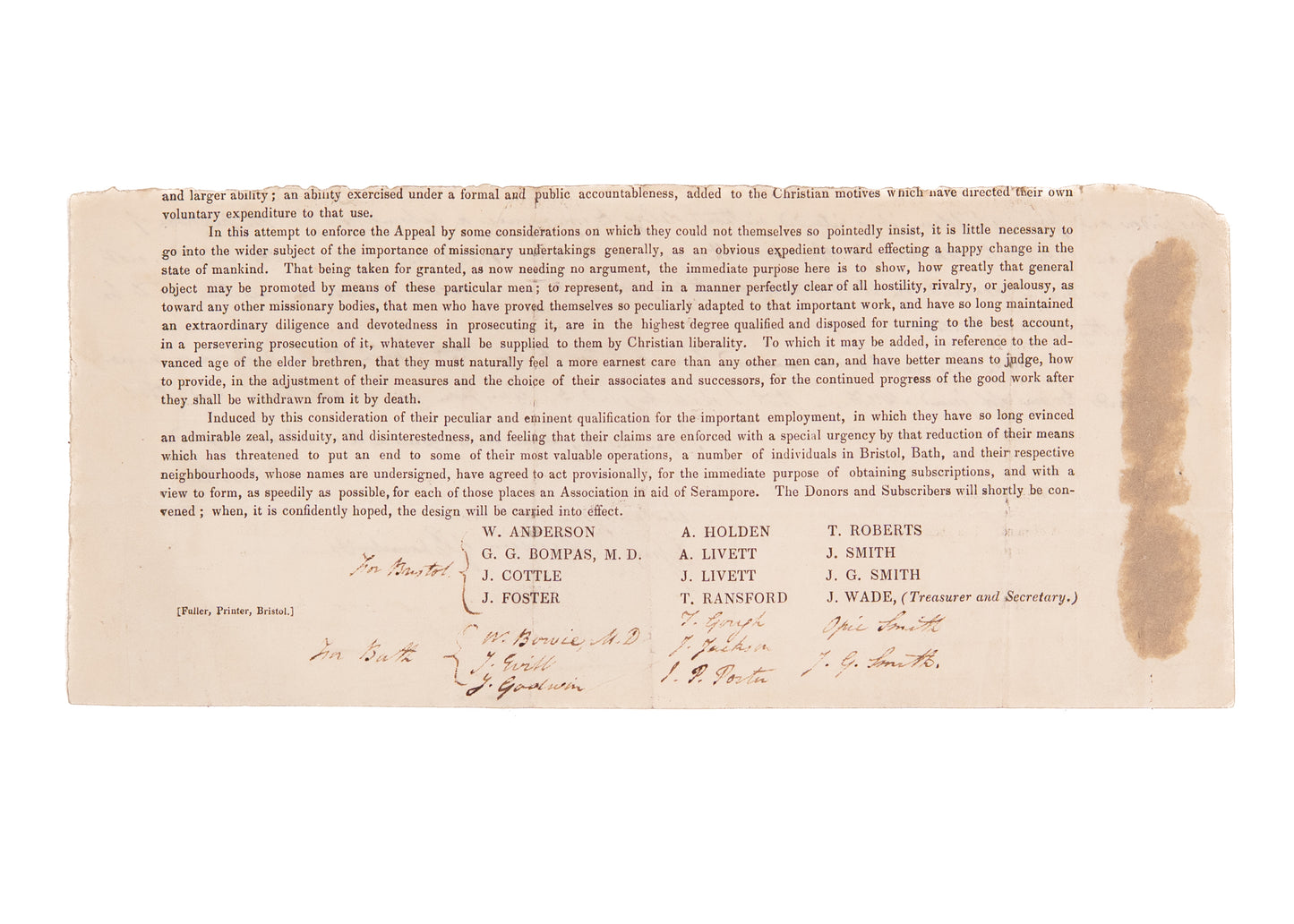 1820 WILLIAM CAREY AND SERAMPORE. Broadside on Controversy & ALS by John Foster on Missionary Widows