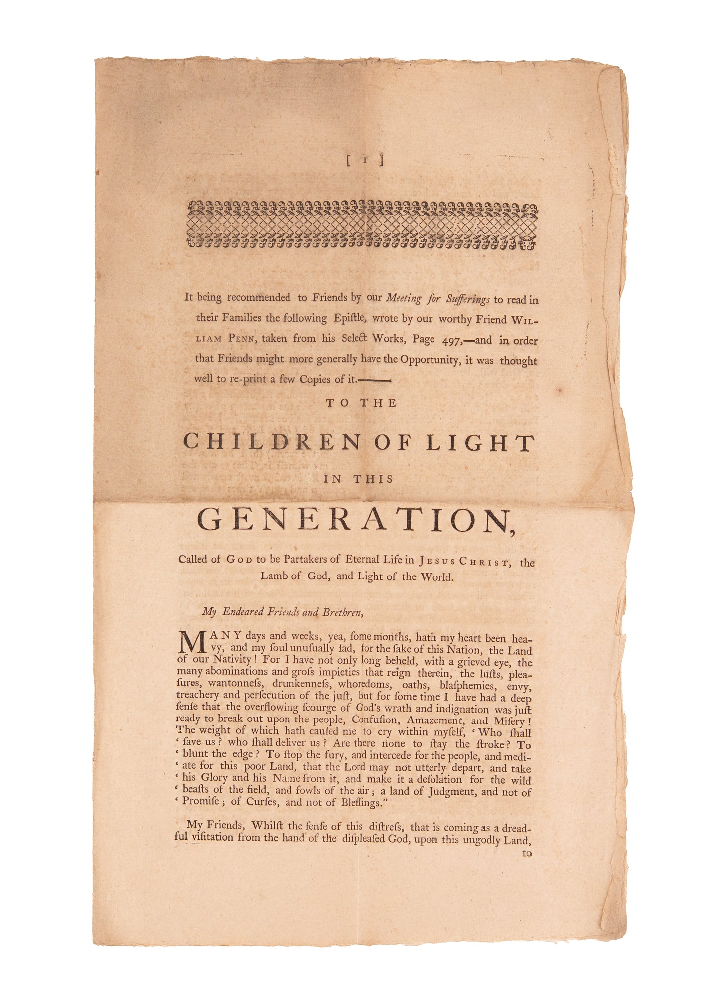 1776 WILLIAM PENN. William Penn's Anti-War Manifesto to Defend Quaker's Against American Revolutionaries.