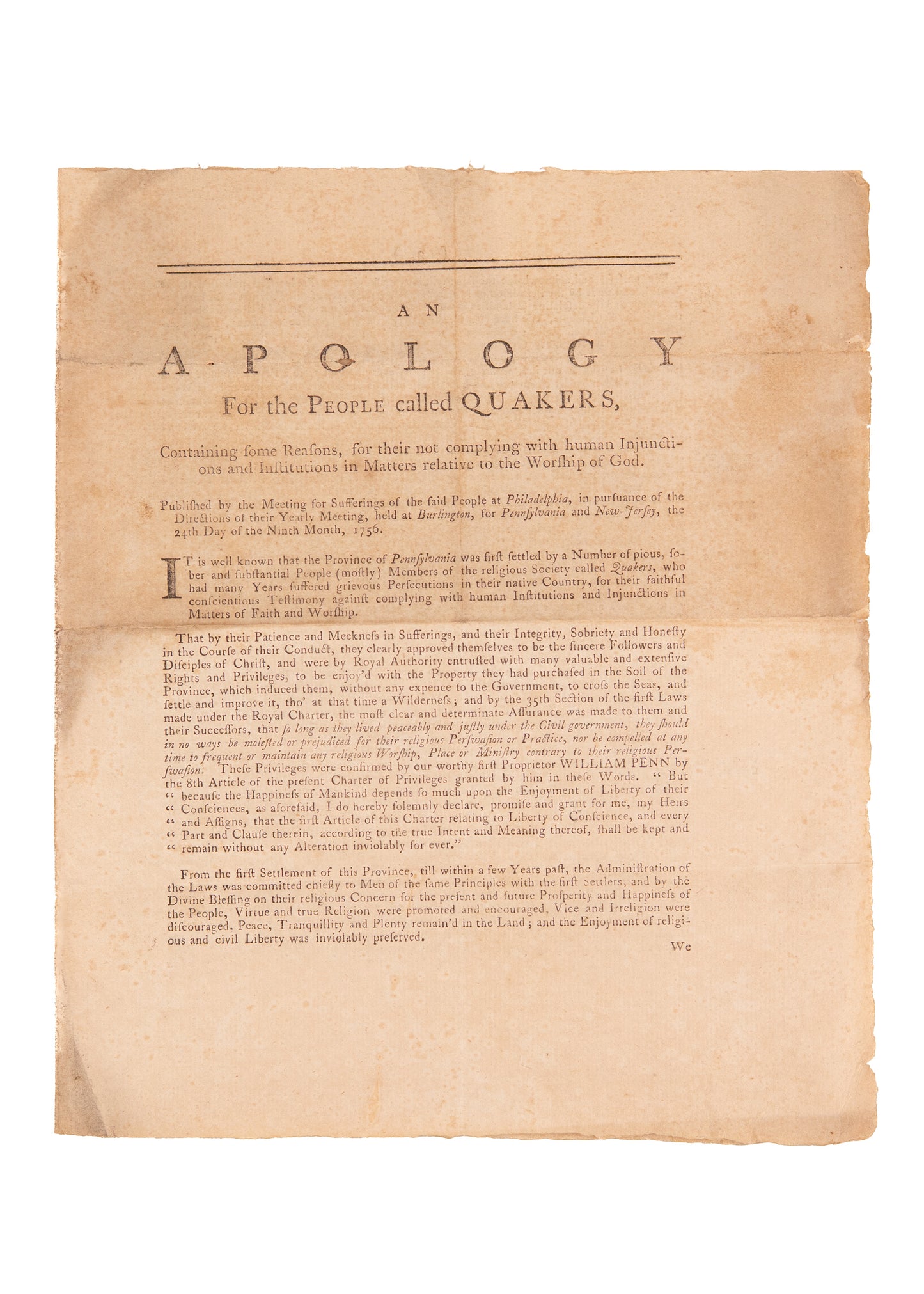 1776 QUAKERS ON RELIGIOUS LIBERTY. Issued Just Weeks before Declaration of Independence.