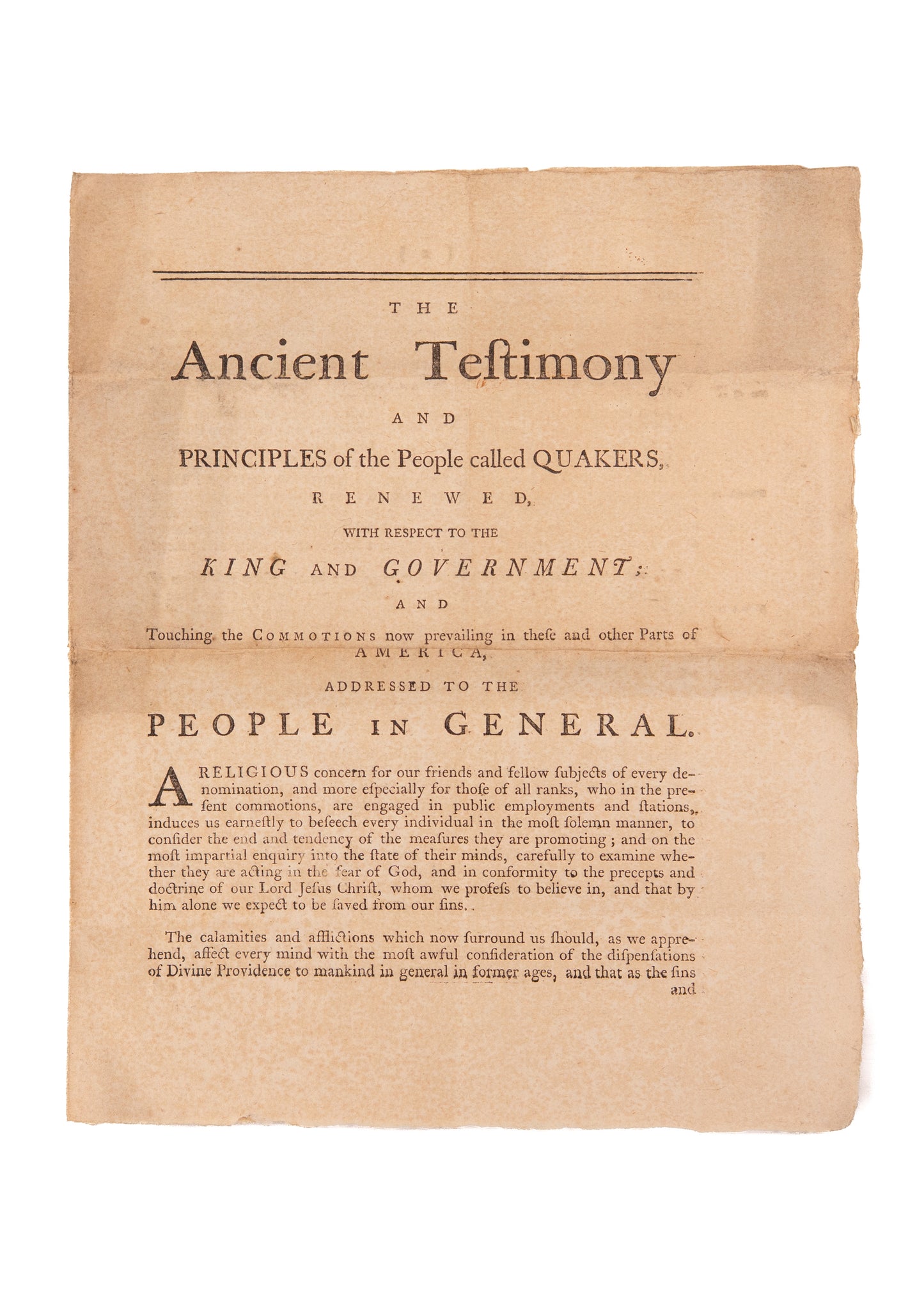 1776 QUAKER NON-RESISTANCE MANIFESTO. A Significant Contemporary to the Declaration of Independence.