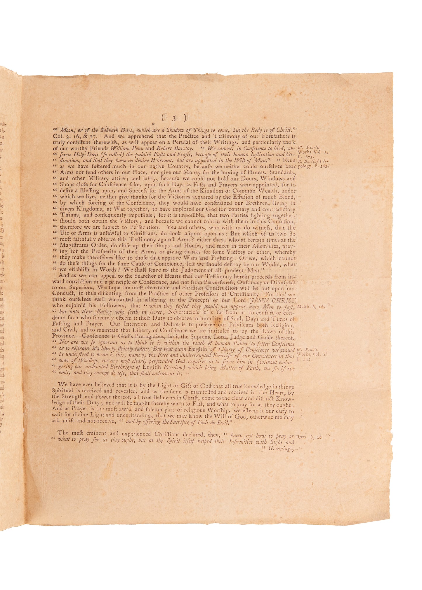 1776 QUAKERS ON RELIGIOUS LIBERTY. Issued Just Weeks before Declaration of Independence.