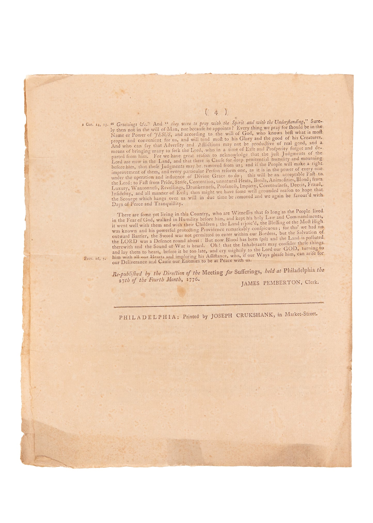 1776 QUAKERS ON RELIGIOUS LIBERTY. Issued Just Weeks before Declaration of Independence.