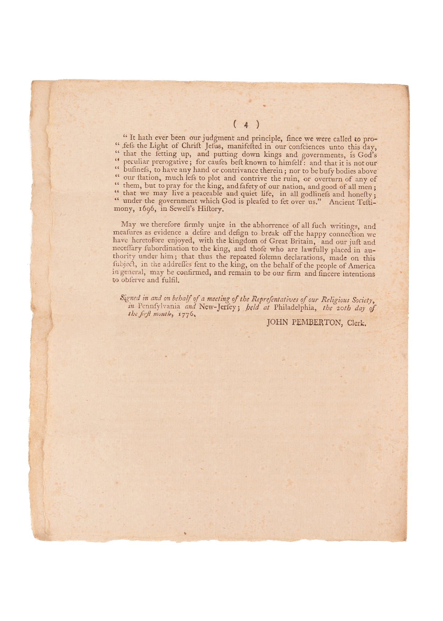 1776 QUAKER NON-RESISTANCE MANIFESTO. A Significant Contemporary to the Declaration of Independence.