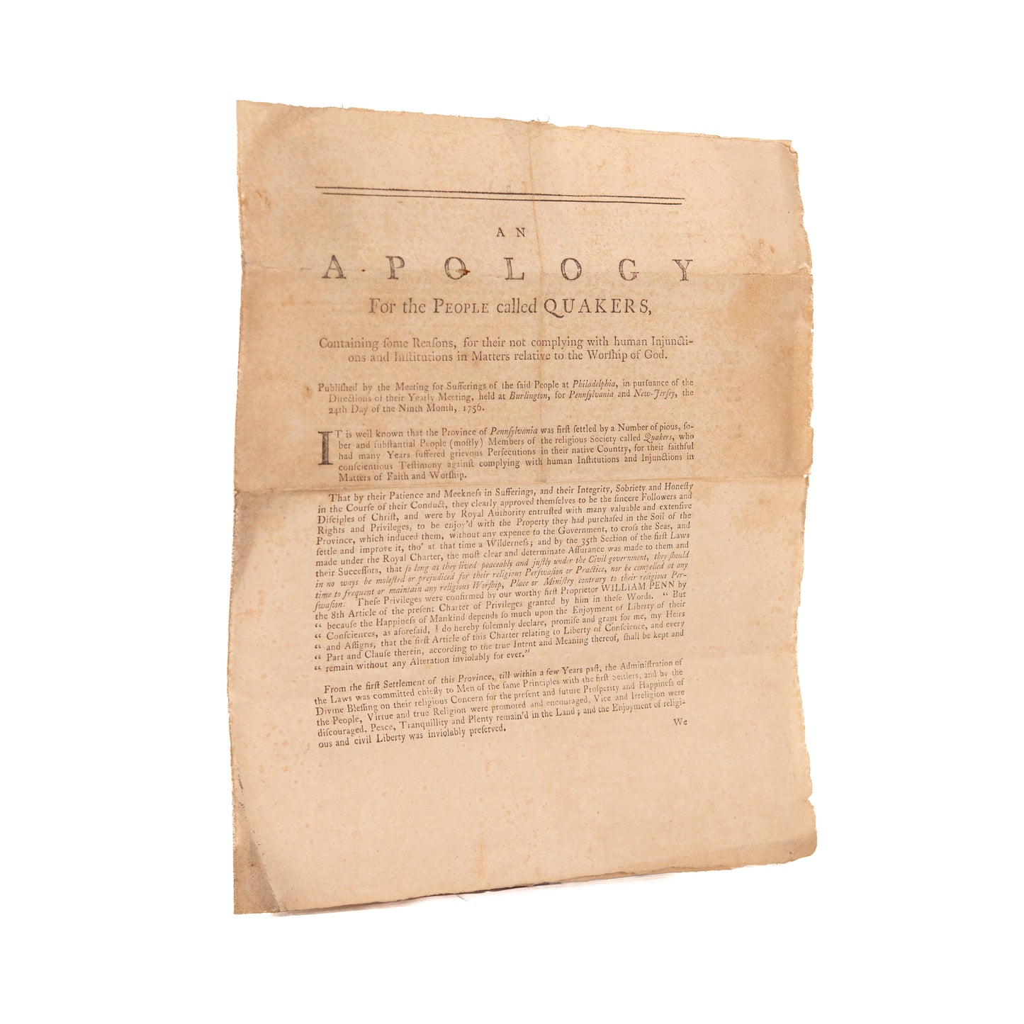 1776 QUAKERS ON RELIGIOUS LIBERTY. Issued Just Weeks before Declaration of Independence.