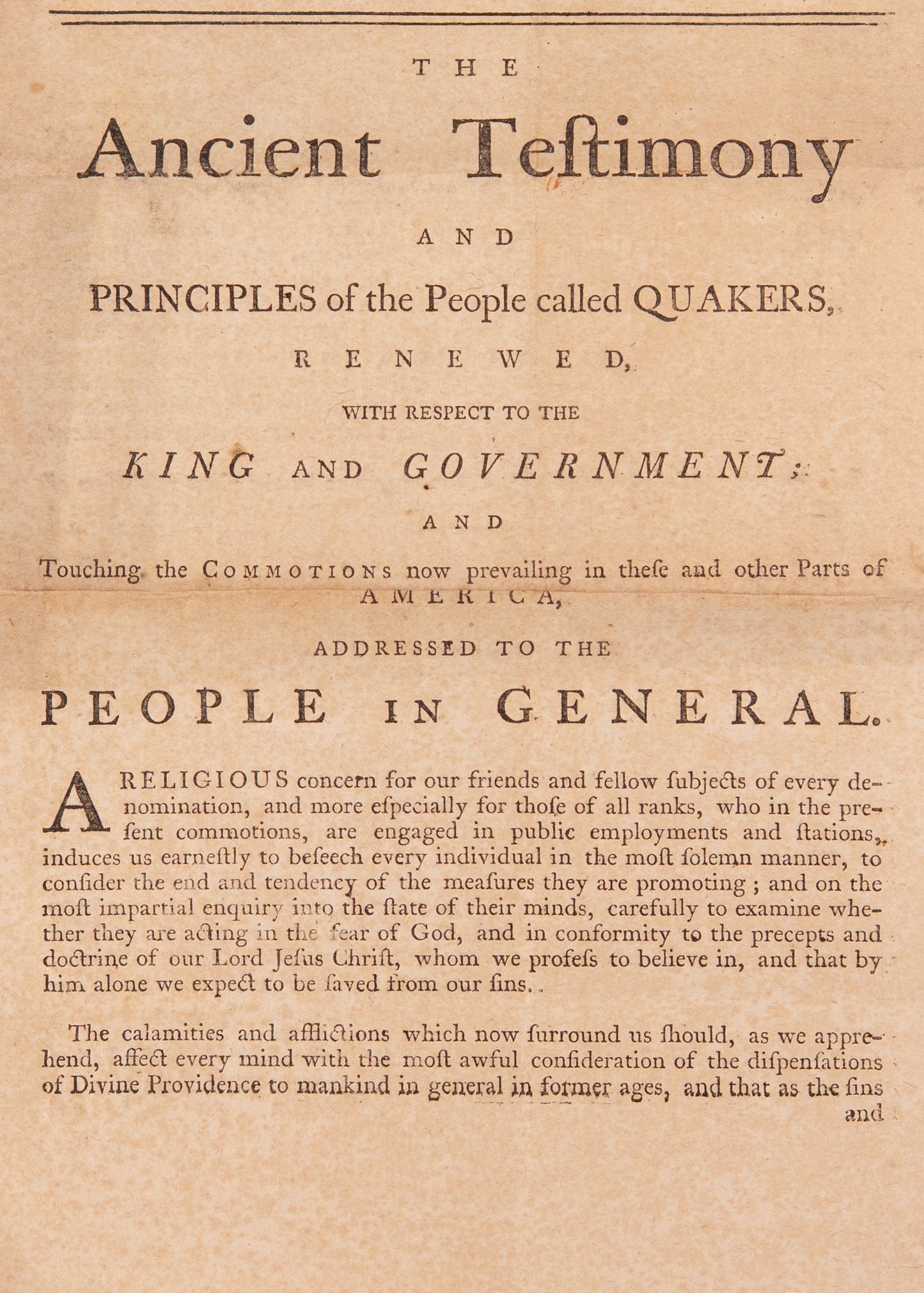 1776 QUAKER NON-RESISTANCE MANIFESTO. A Significant Contemporary to the Declaration of Independence.