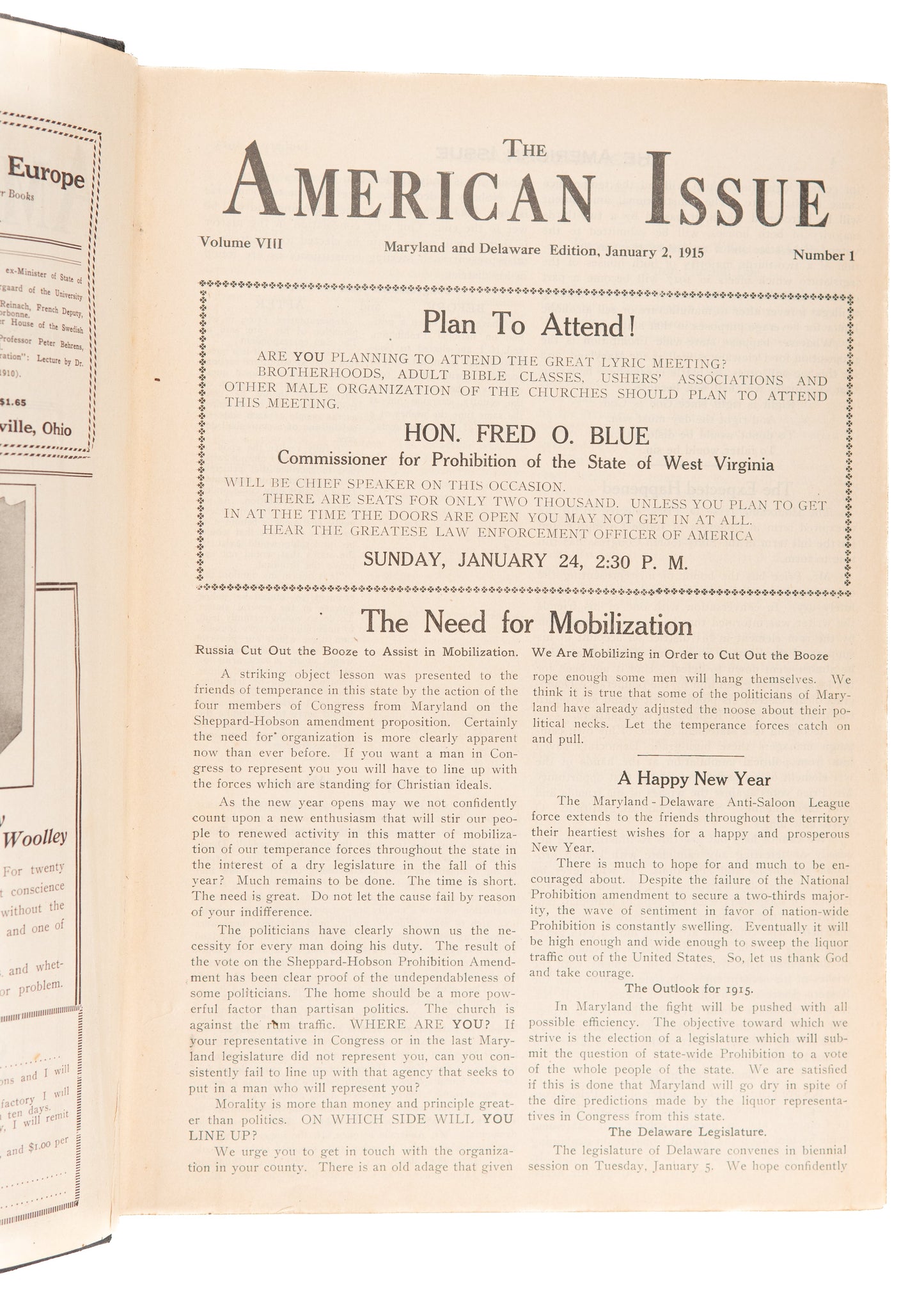 1915 ANTI-SALOON LEAGUE. Entire Year of Prohibition - Anti-Liquor Periodical.