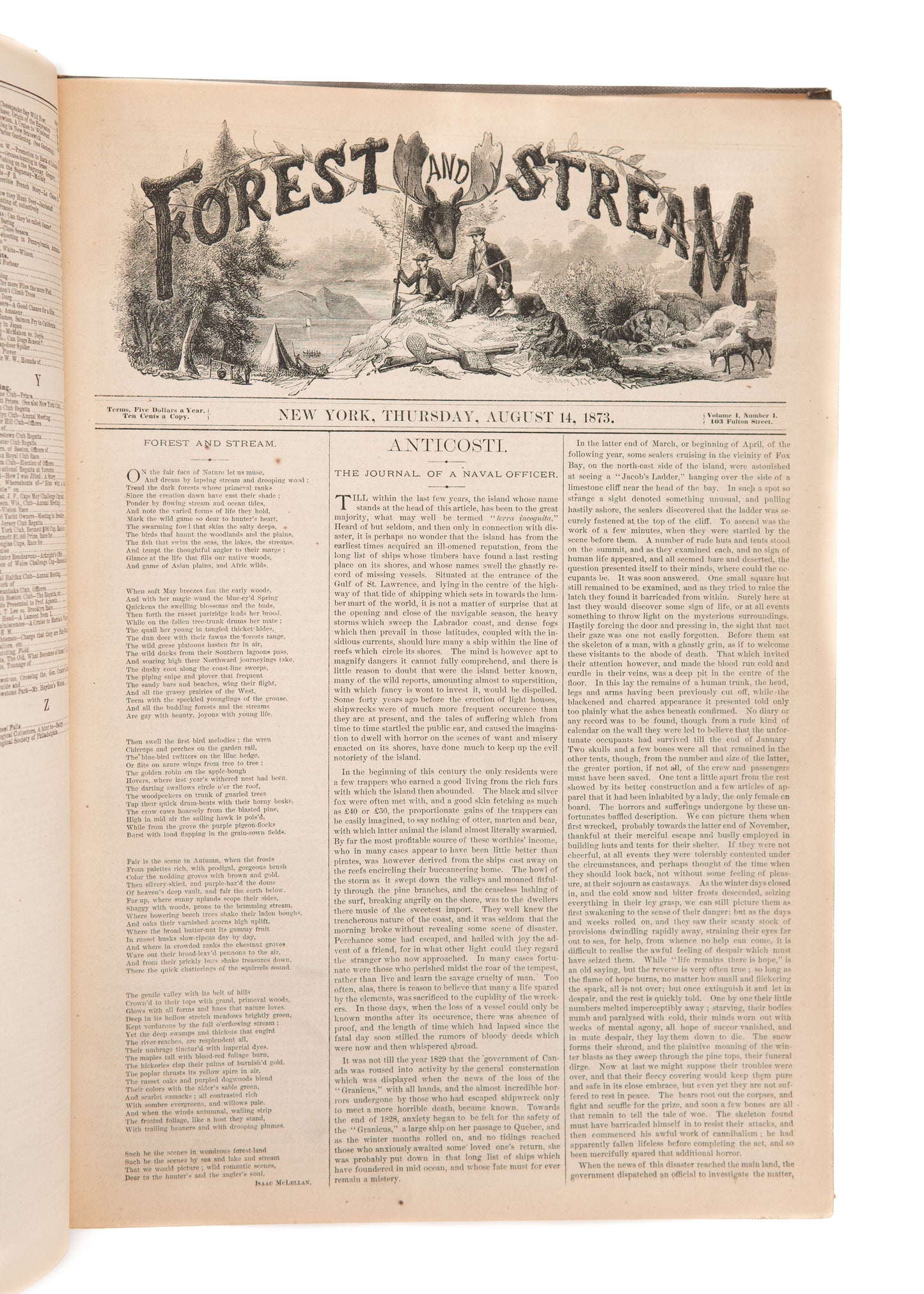 1874 FOREST AND STREAM JOURNAL. First Year of Important Hunting, Fishing, and Conservation Periodical.