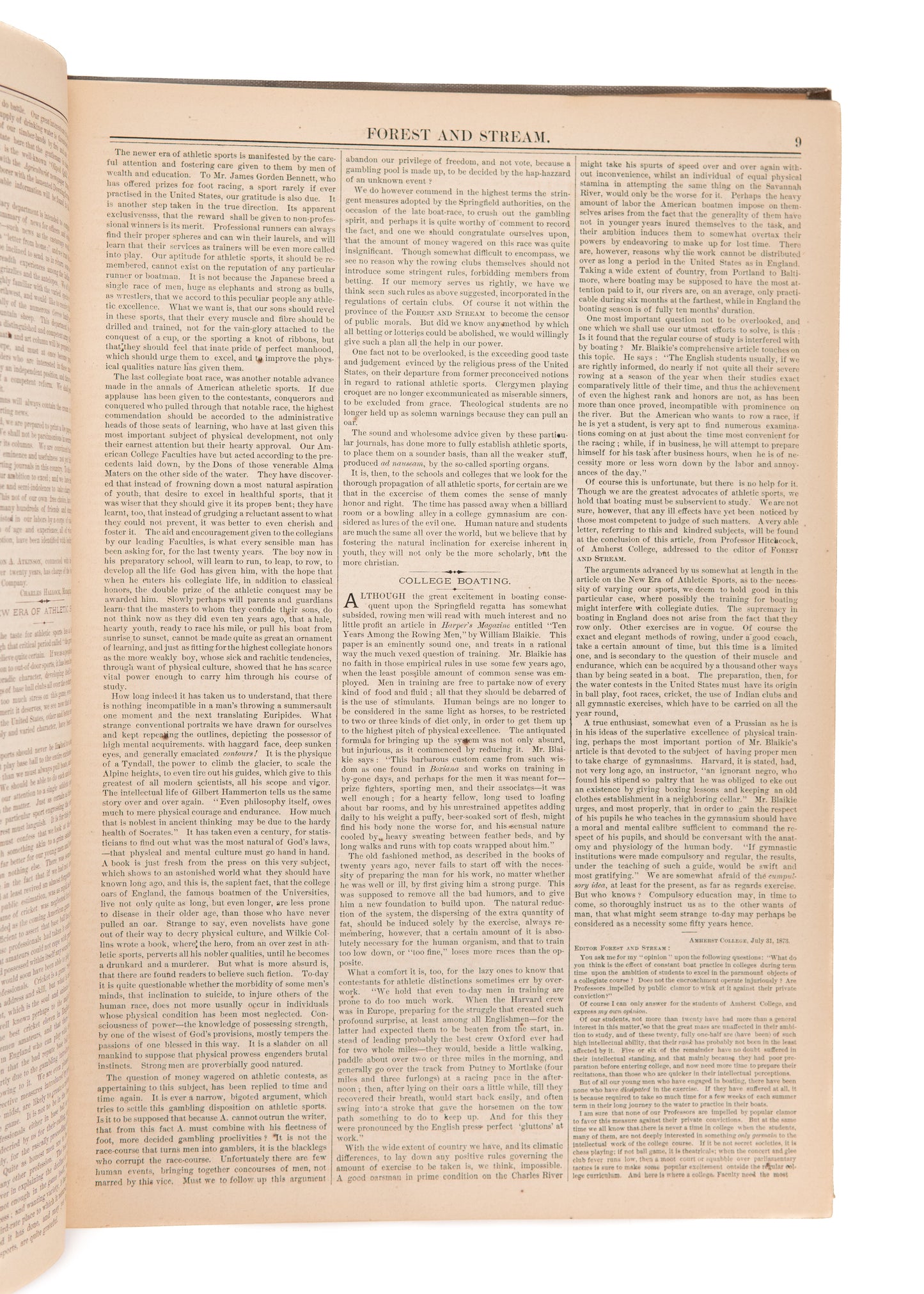 1874 FOREST AND STREAM JOURNAL. First Year of Important Hunting, Fishing, and Conservation Periodical.