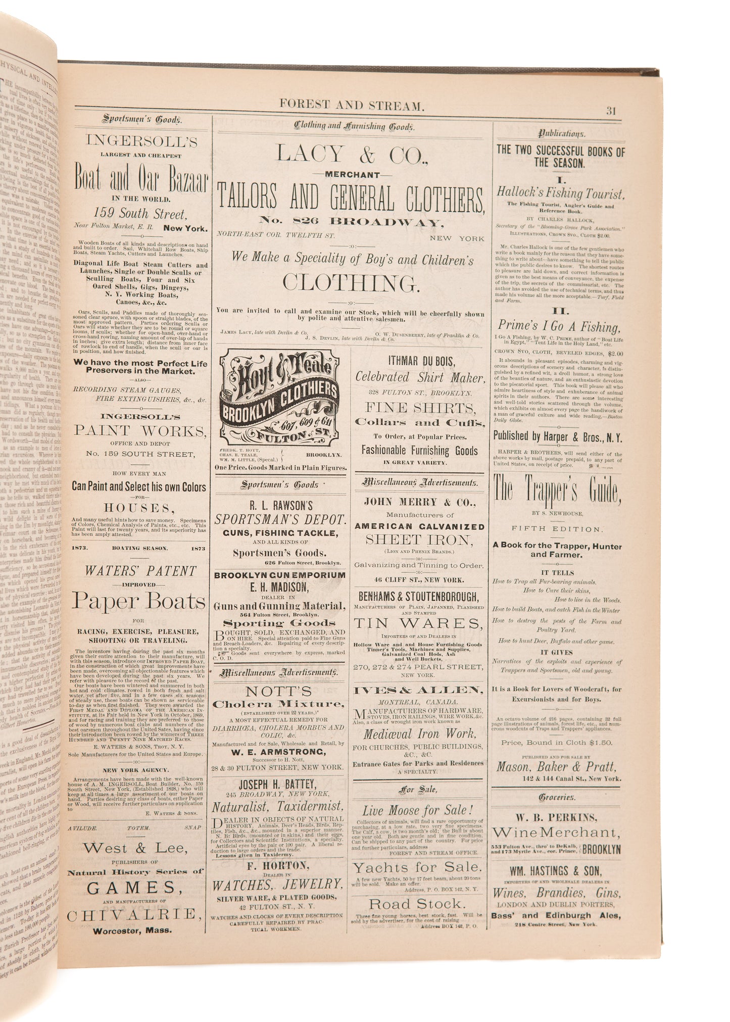 1874 FOREST AND STREAM JOURNAL. First Year of Important Hunting, Fishing, and Conservation Periodical.