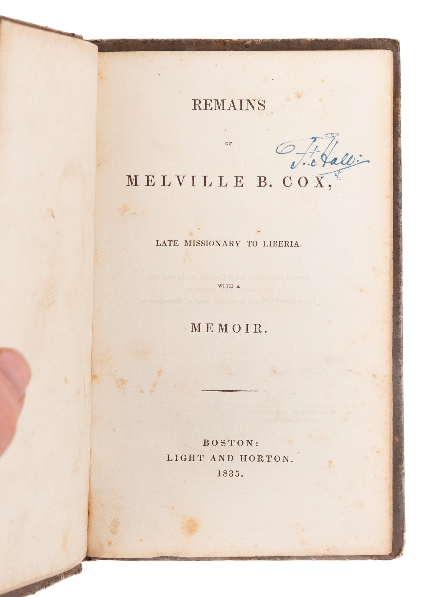 1835 MEVILLE B. COX. Memoir of First Methodist Missionary to Freed Slaves of Liberia - Colonization Society.