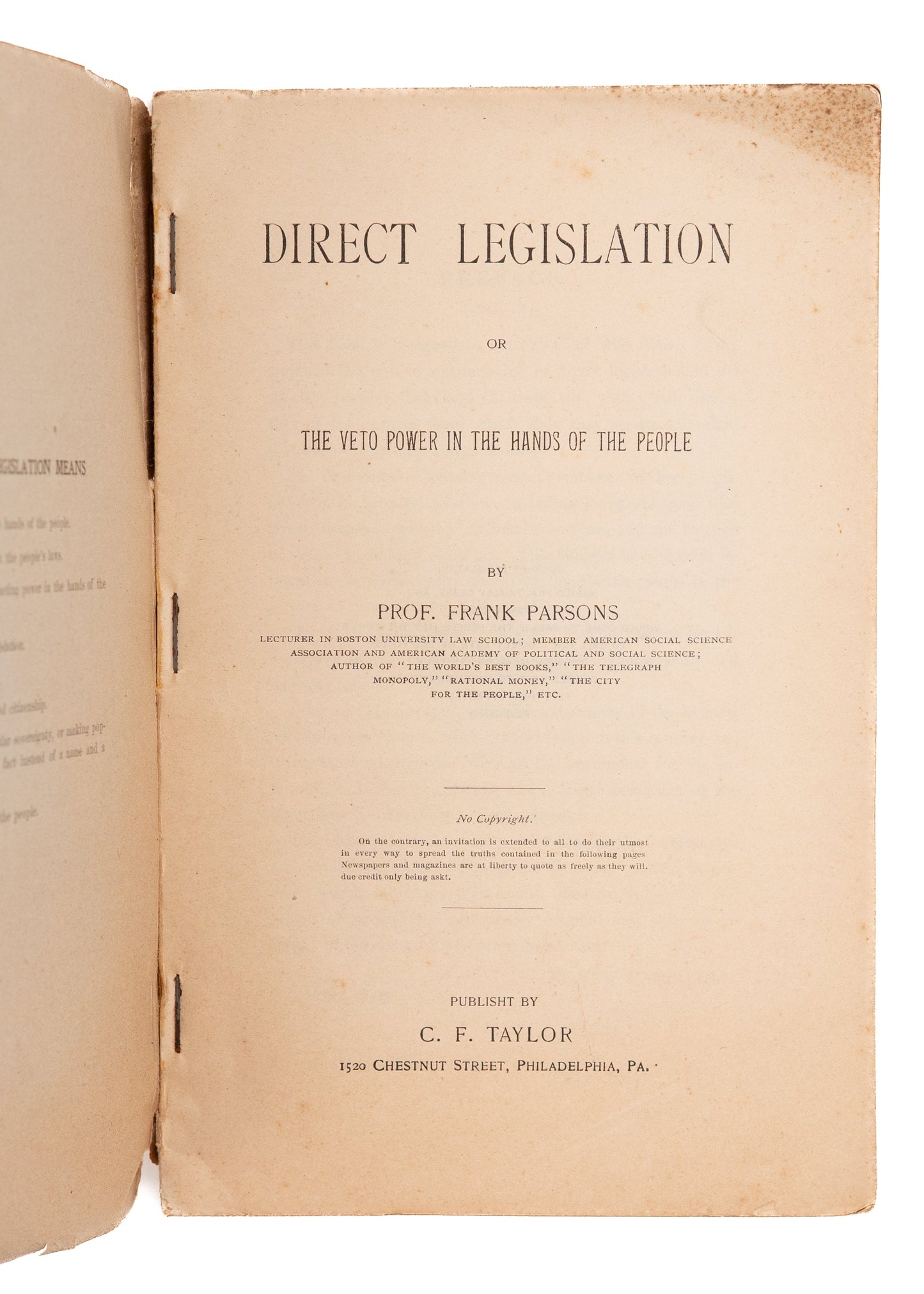 1900 FRANK PARSONS. Rare Work Advocating for Direct Democracy and Popular Veto Power.