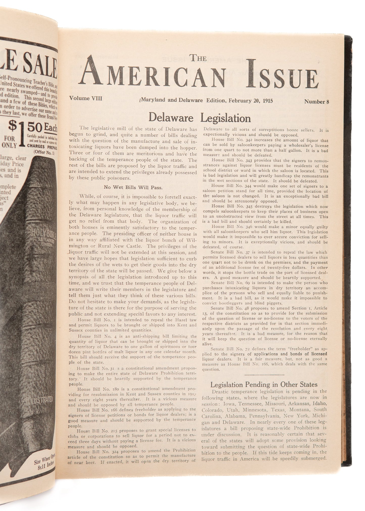 1915 ANTI-SALOON LEAGUE. Entire Year of Prohibition - Anti-Liquor Periodical.