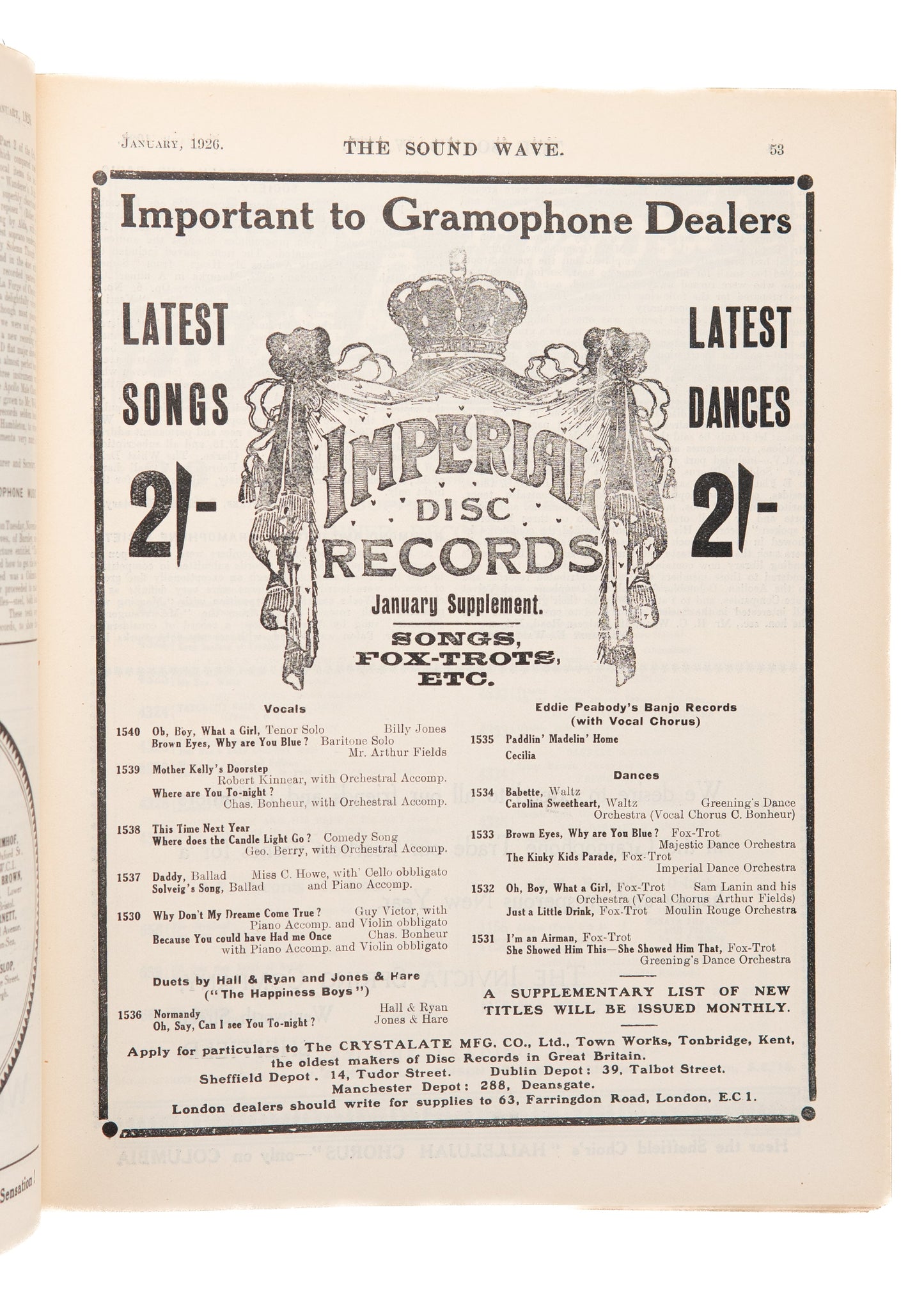 1926 SOUND WAVE. THE GRAMOPHONE JOURNAL. Rare Audiophile History - Black Minstrels, &c.