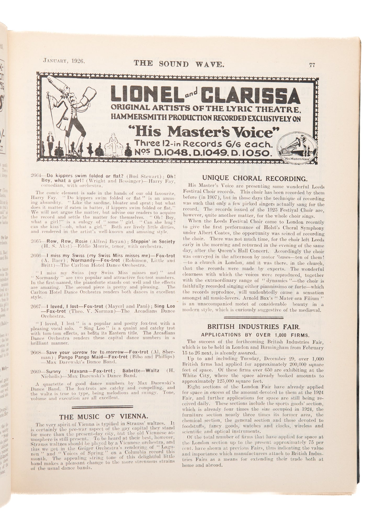 1926 SOUND WAVE. THE GRAMOPHONE JOURNAL. Rare Audiophile History - Black Minstrels, &c.