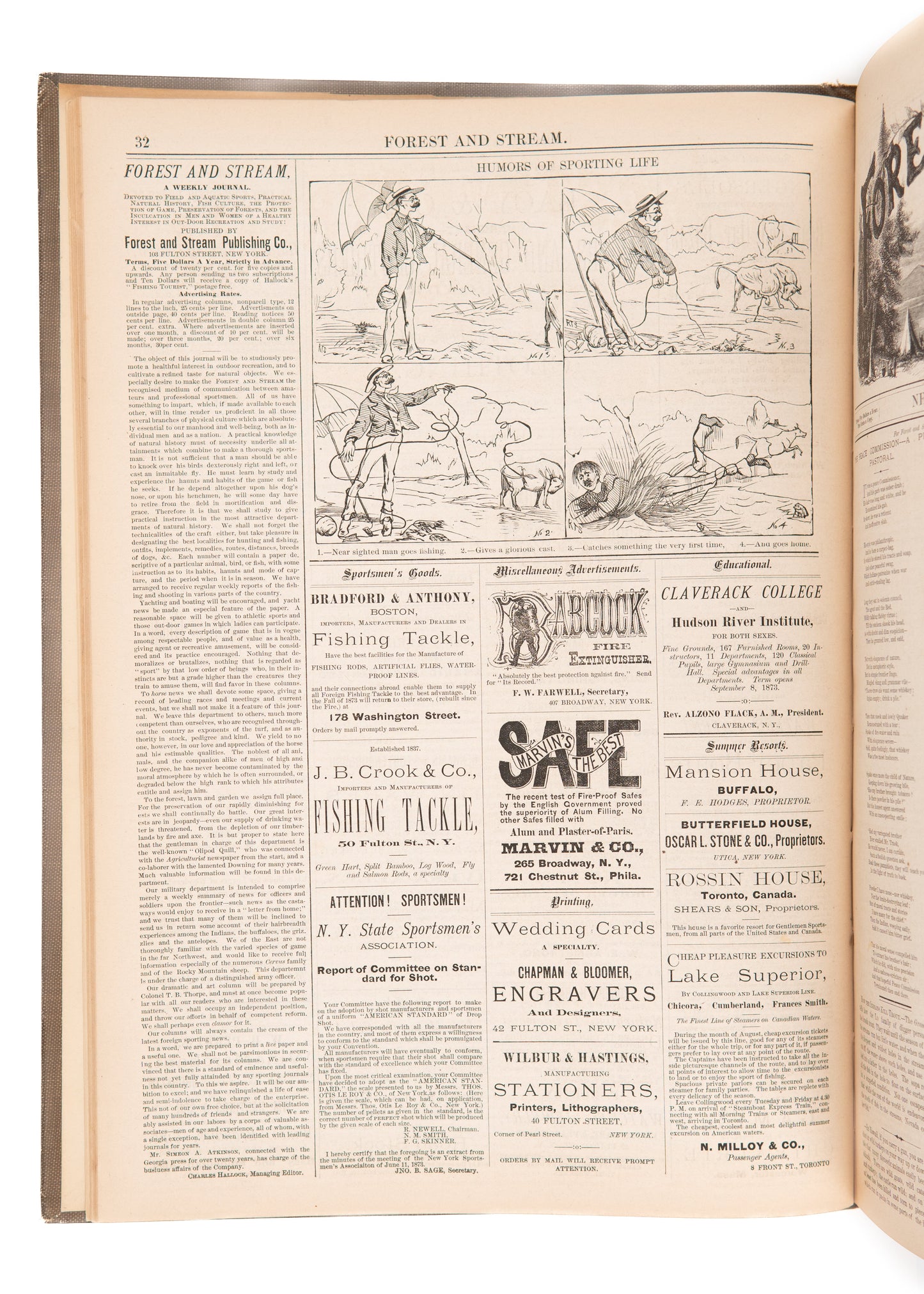 1874 FOREST AND STREAM JOURNAL. First Year of Important Hunting, Fishing, and Conservation Periodical.