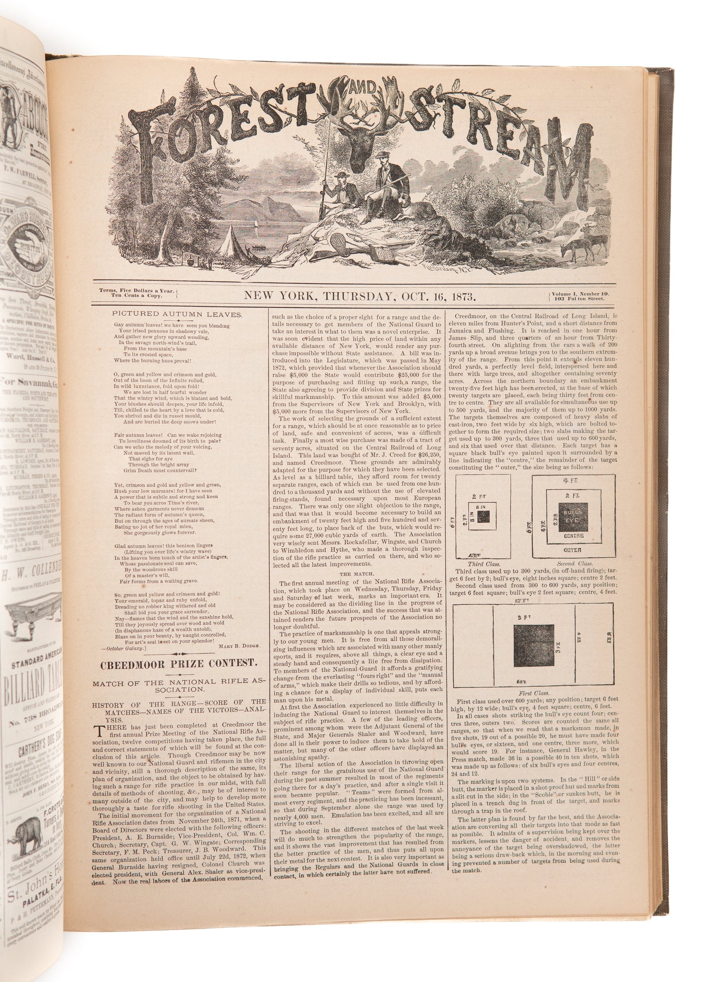 1874 FOREST AND STREAM JOURNAL. First Year of Important Hunting, Fishing, and Conservation Periodical.