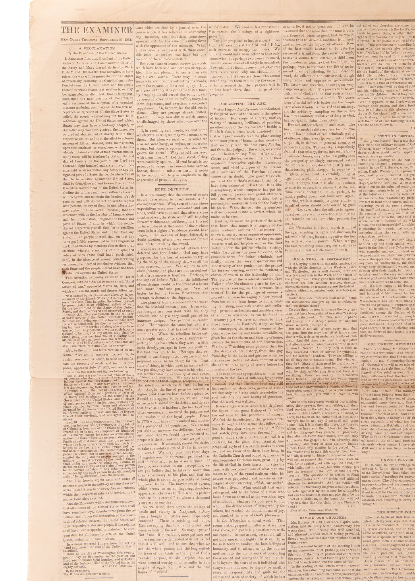 1862 EMANCIPATION PROCLAMATION. September 25 Imprint of the Proclamation in The Baptist Examiner