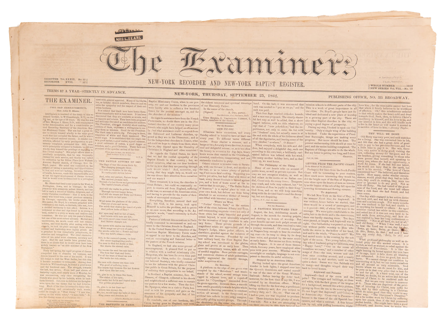 1862 EMANCIPATION PROCLAMATION. September 25 Imprint of the Proclamation in The Baptist Examiner