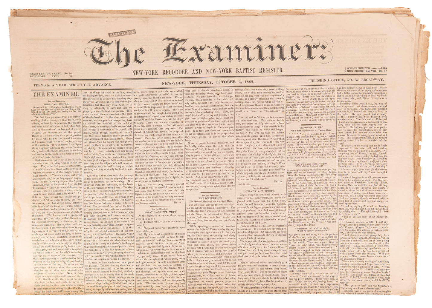 1862 EMANCIPATION PROCLAMATION. September 25 Imprint of the Proclamation in The Baptist Examiner