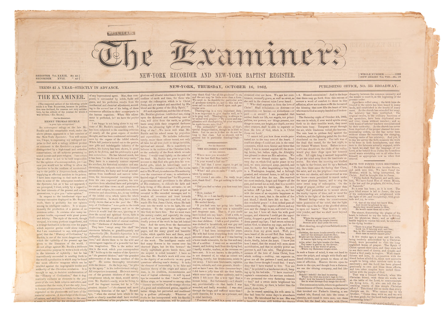 1862 EMANCIPATION PROCLAMATION. September 25 Imprint of the Proclamation in The Baptist Examiner