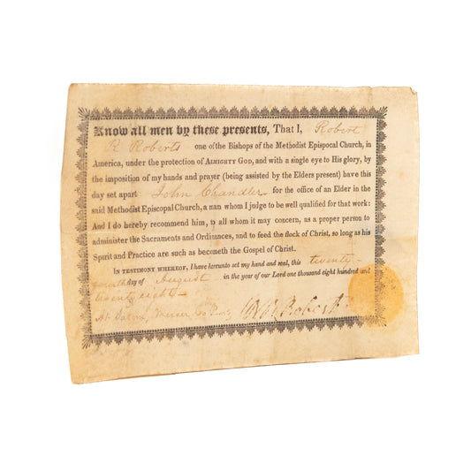1828 ROBERT R. ROBERTS. Appointment of John Chandler to Elder of the Methodist Episcopal Church.