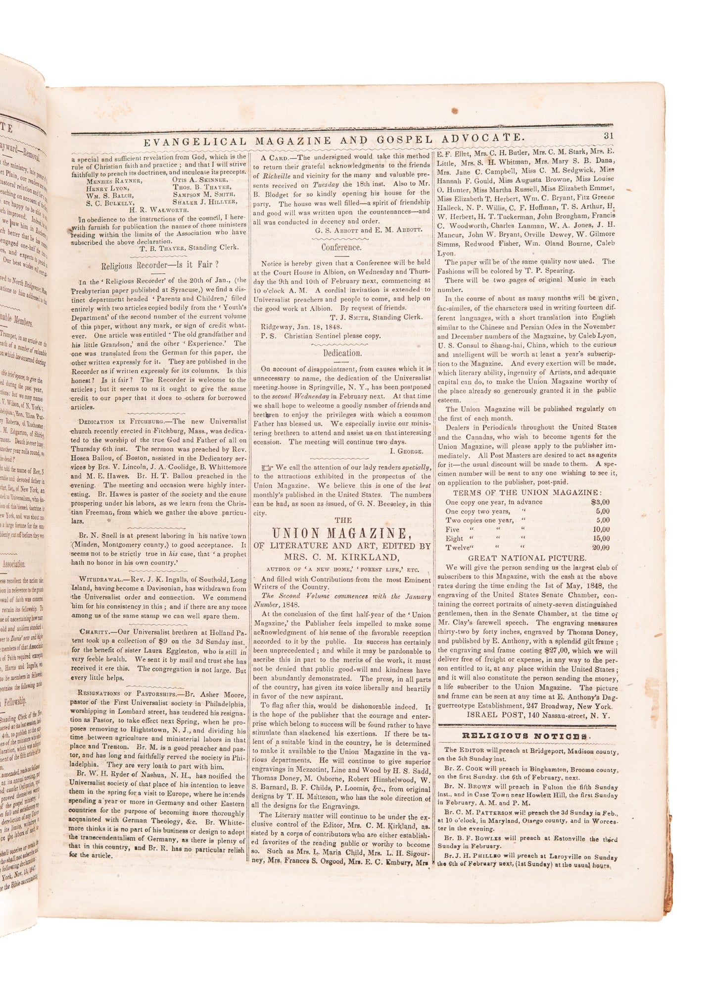 1848 GOSPEL ADVOCATE. Rare Universalist Revival Periodical - Against Finney & Jacob Knapp.
